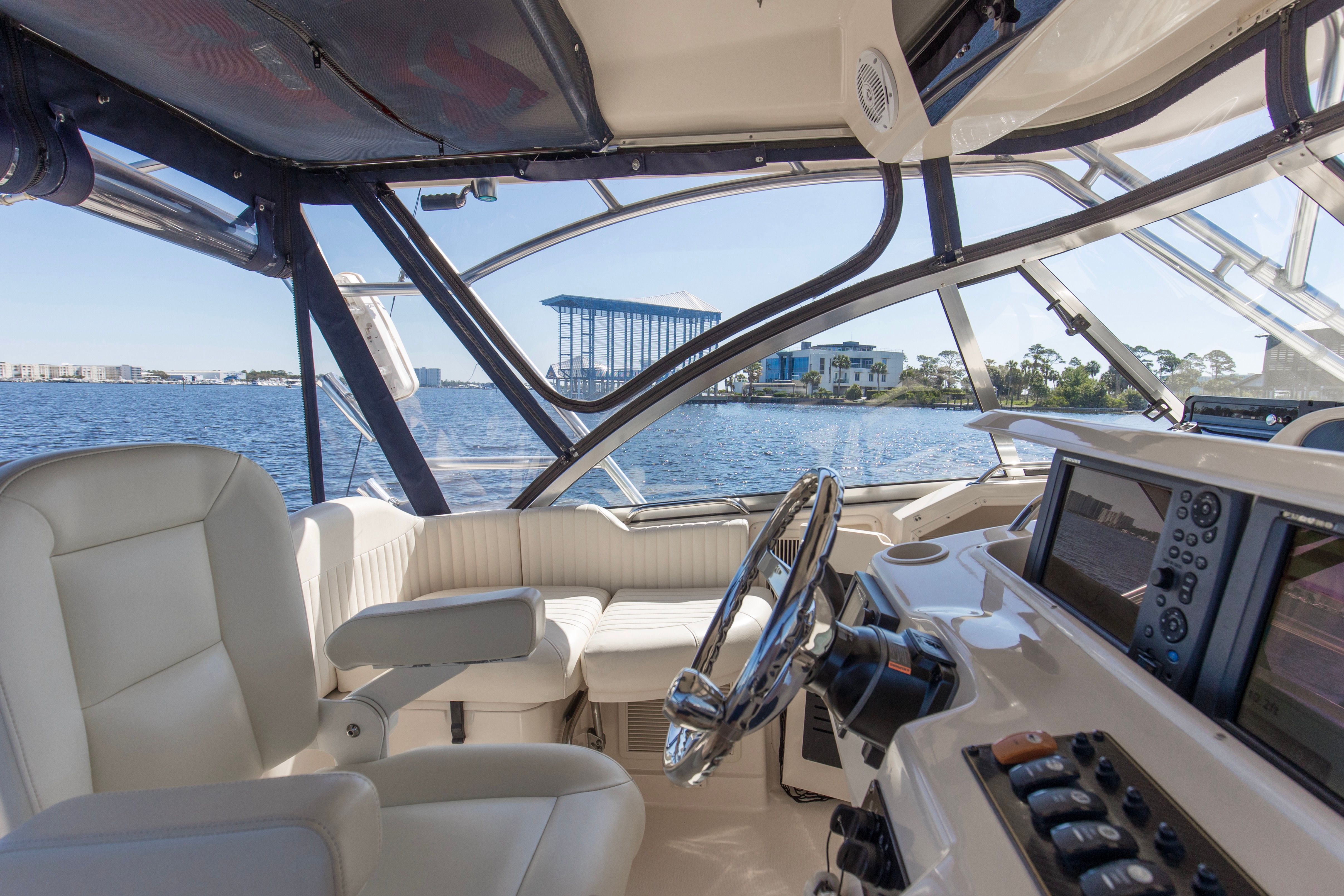 Interior of a 2009 Grady-White Express 330 yacht on the water.