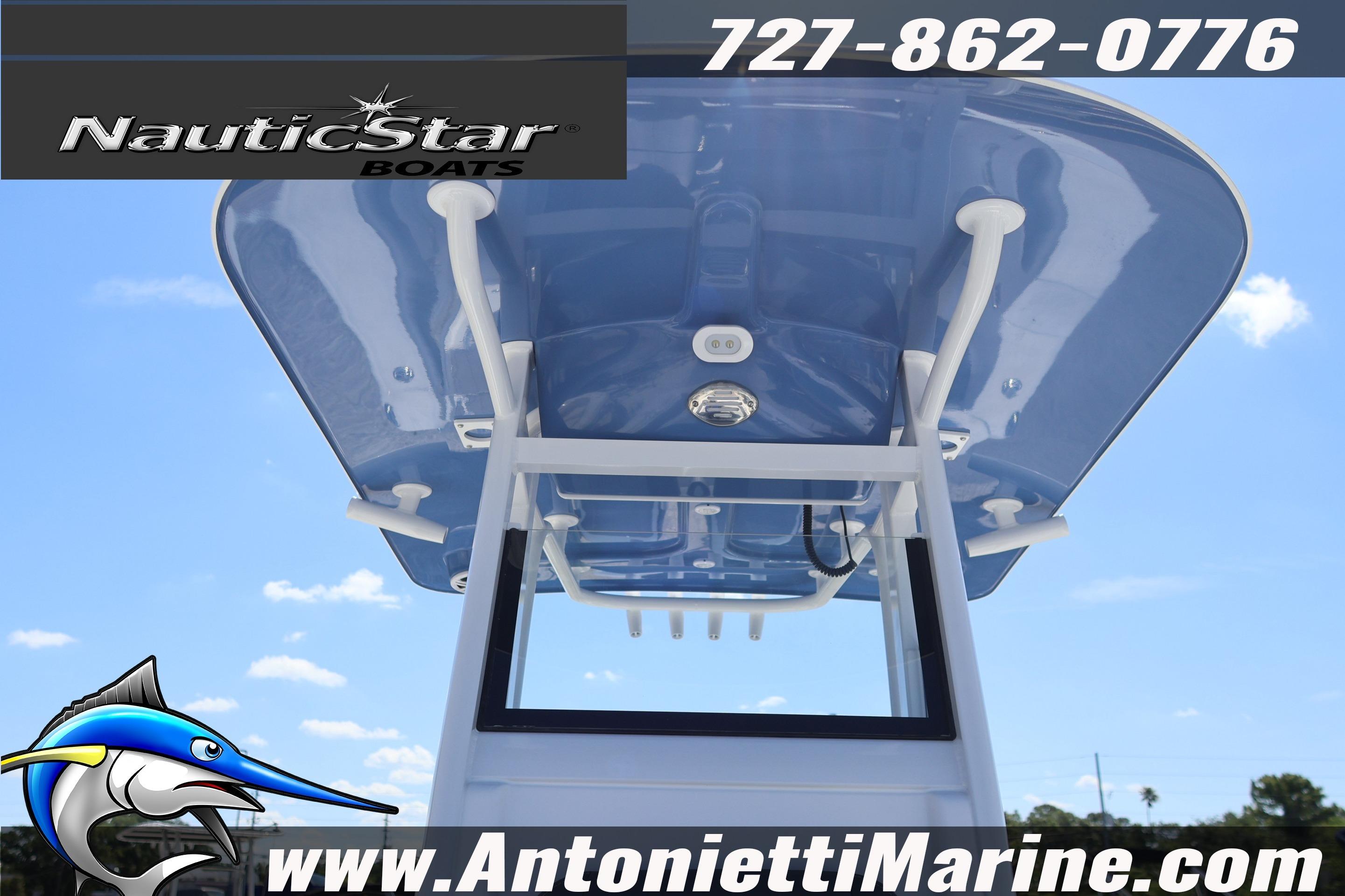NauticStar 292 Legacy boat, 2026 model, viewed from below with contact details.