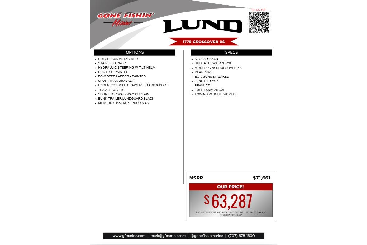 2026 Lund 1775 Crossover XS boat features, pricing, and specifications sheet.