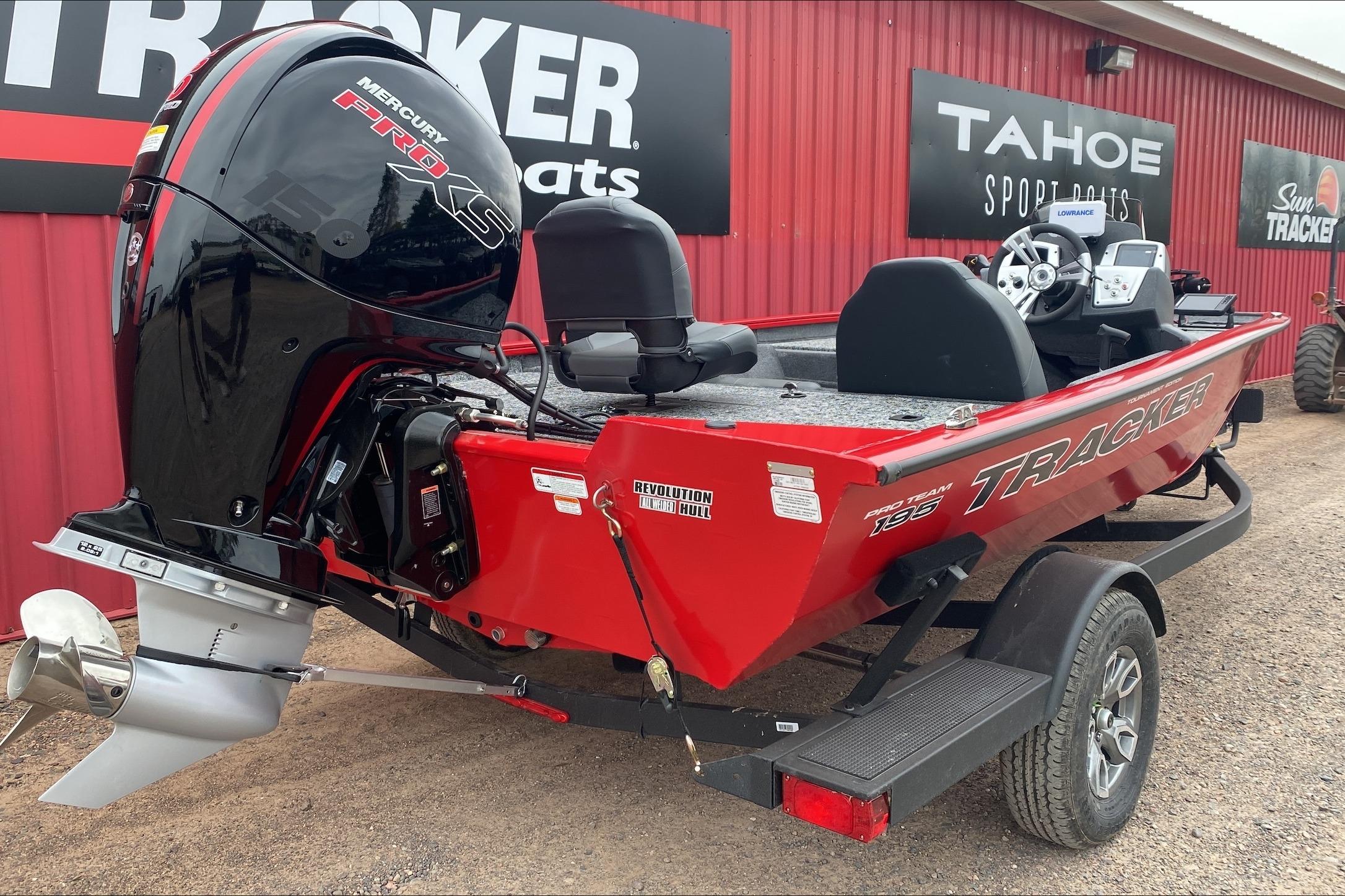 2026 Tracker Pro Team 195 boat with Mercury Pro XS engine, parked outside Tahoe Sports Boats.