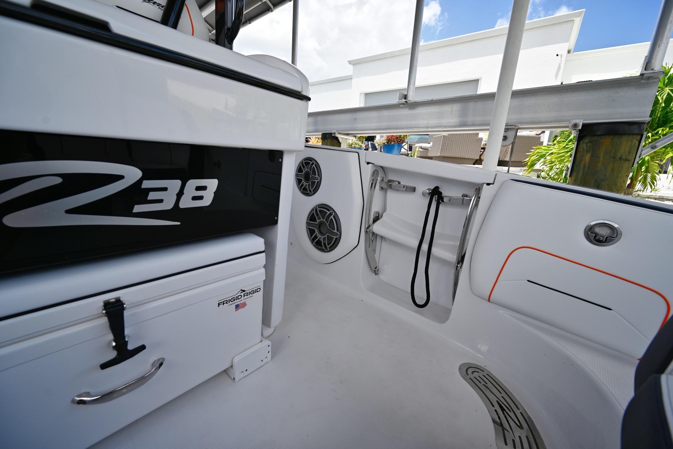 Interior view of 2027 Renegade 38' Open boat, featuring sleek design and modern amenities.