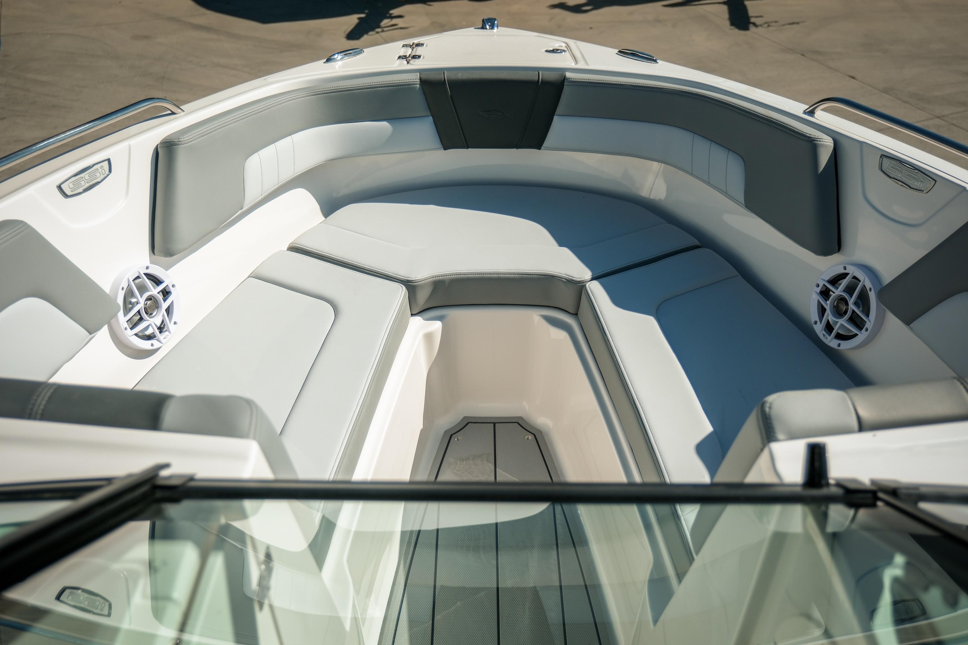 Interior view of 2026 Chaparral 23 SSi boat, featuring sleek seating and modern design.