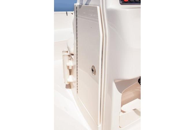 2026 Grady-White Fisherman 180 boat console detail, showcasing sleek design and storage features.