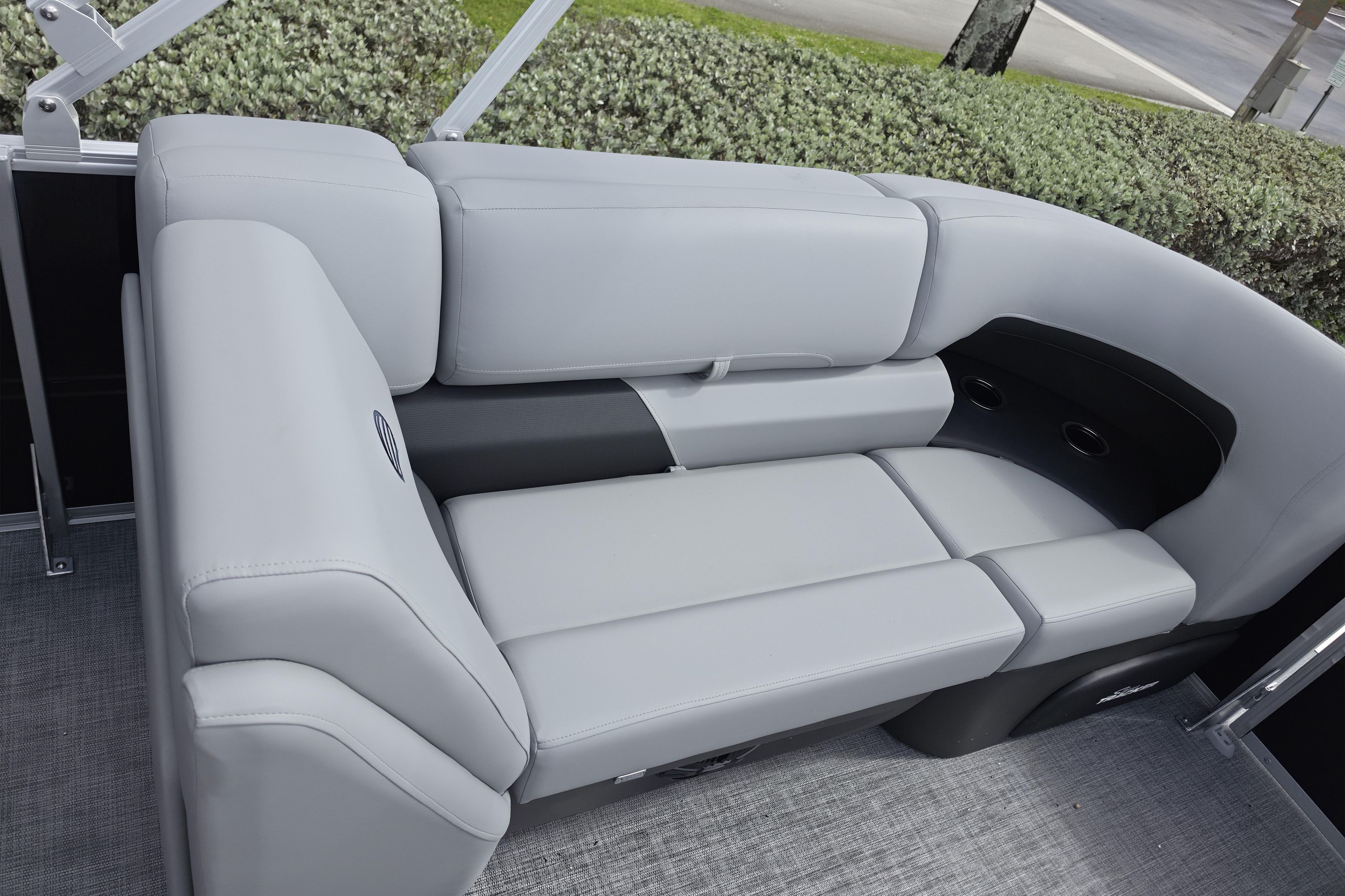 2026 Sun Tracker Party Barge 24 XP3 interior seating with gray upholstery.