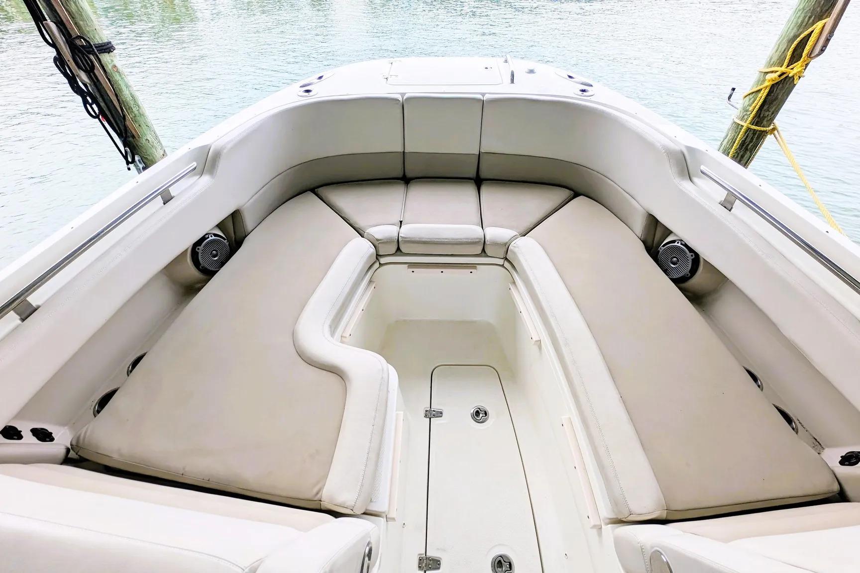 2017 Boston Whaler 320 Vantage boat interior with spacious seating and water view.