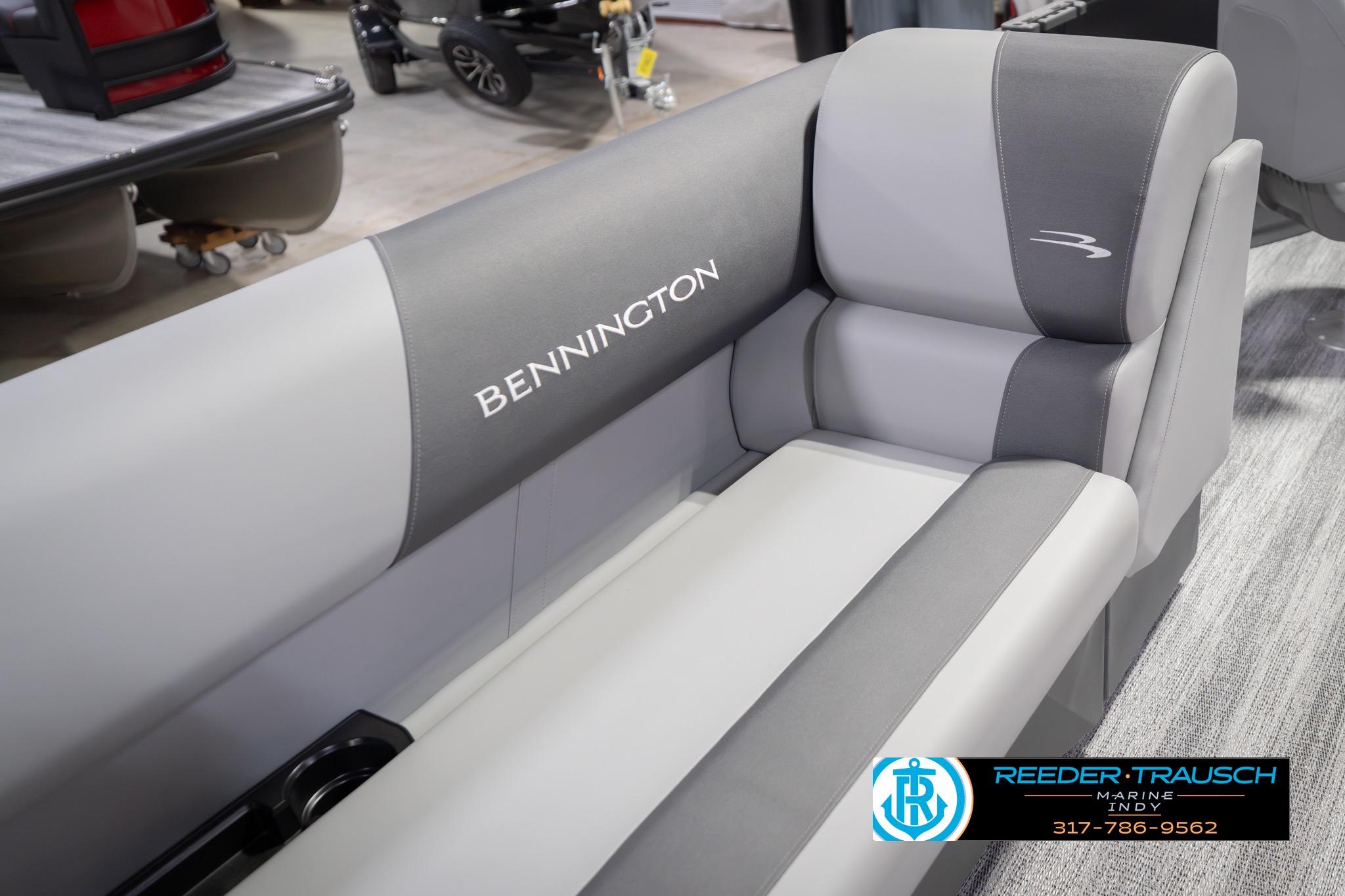 2026 Bennington 21 SF boat interior with gray seating, showcased at Reeder-Trausch Marine.