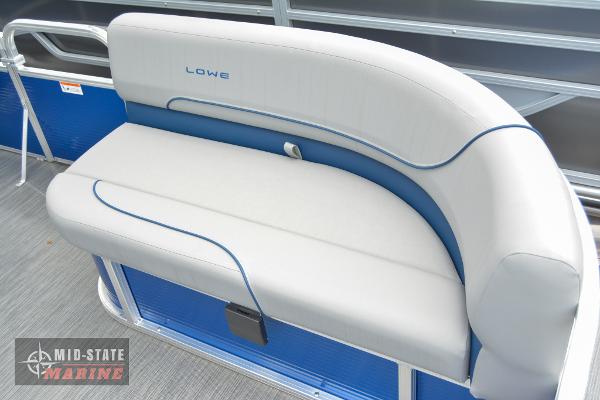 2024 Lowe Ultra 200 Cruise boat seating, gray and blue upholstery, Mid-State Marine logo.