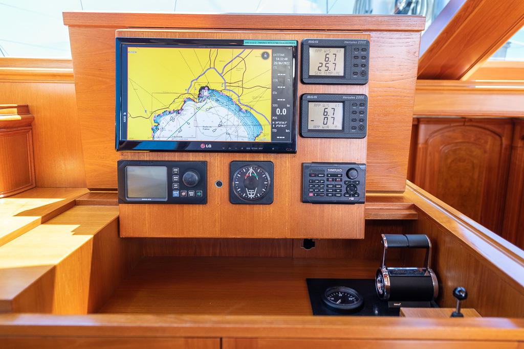 Navigation panel of 2002 Nautor Swan 112 yacht with GPS and instruments.