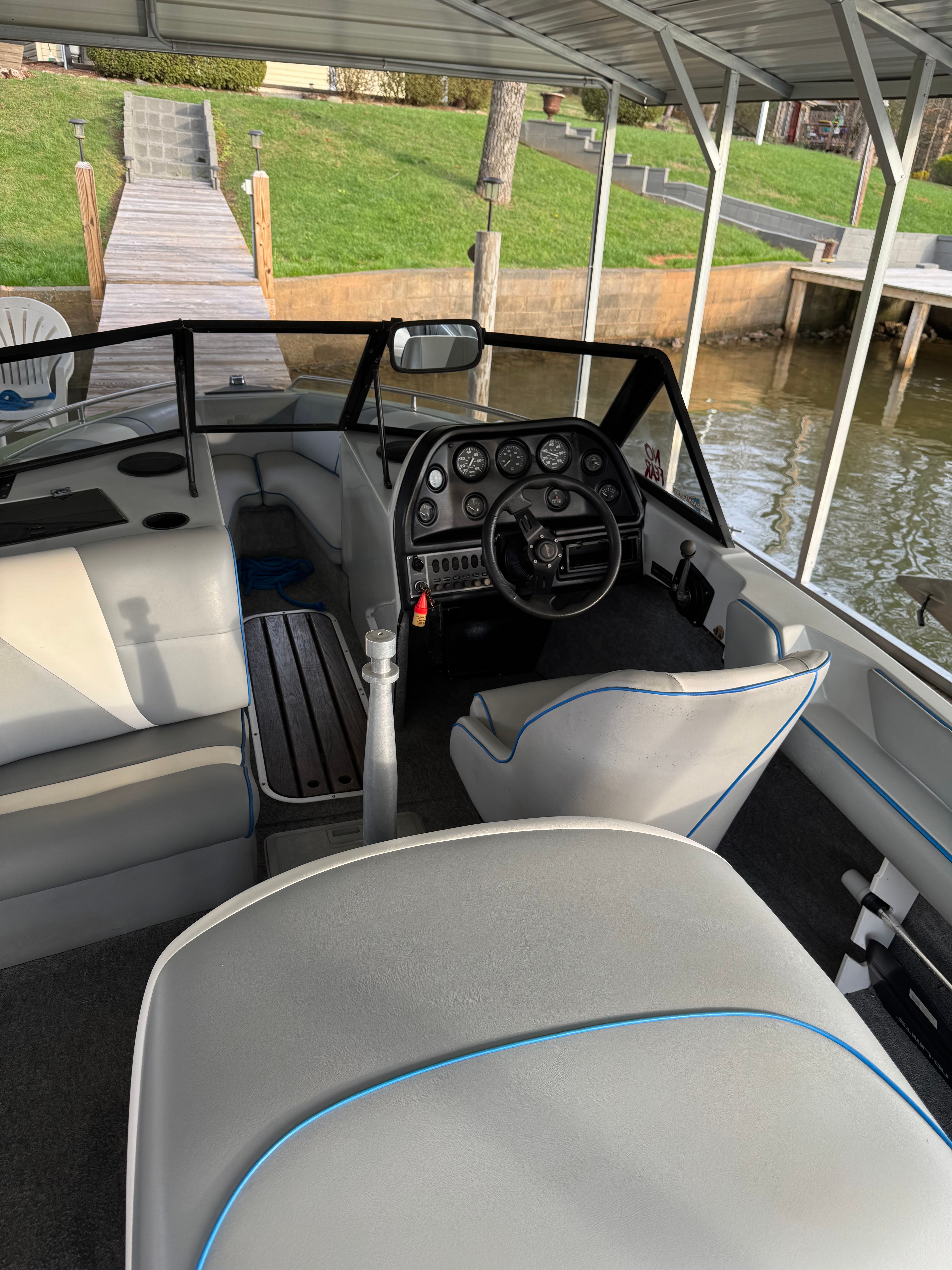 Interior of a 1992 Ski Brendella Spectrum boat at the dock.