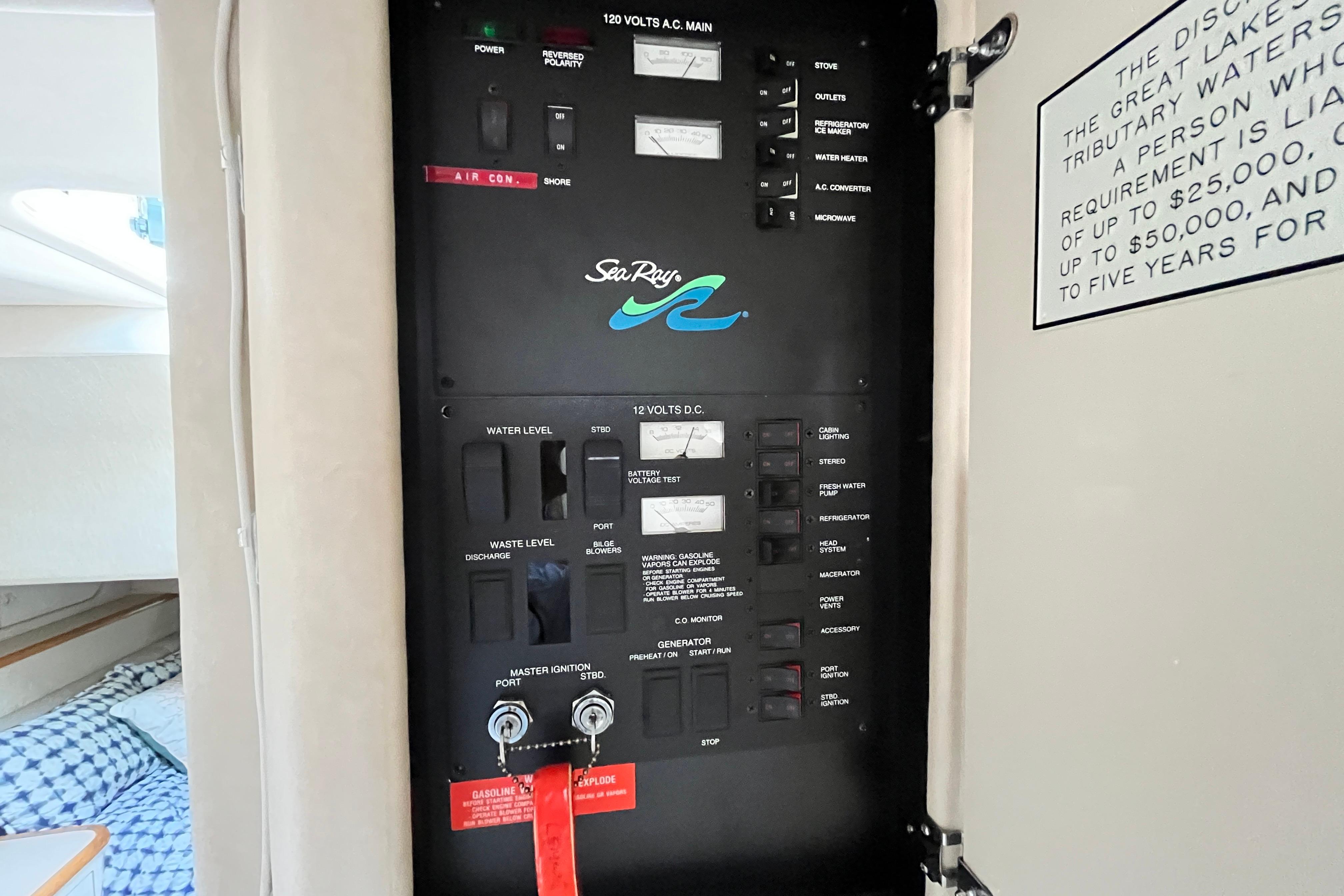 Electrical panel inside a 1995 Sea Ray Sundancer 330 boat cabin.