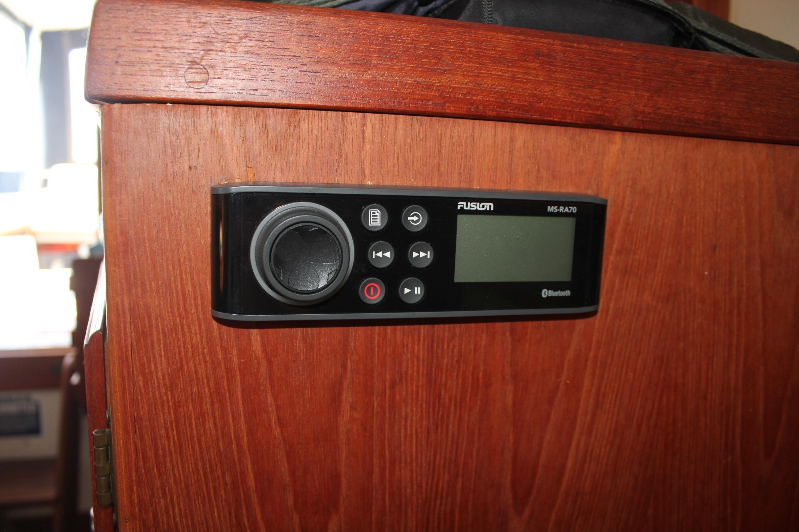 Fusion MS-RA70 stereo system on 1988 Cape Dory 28 Hardtop boat interior.