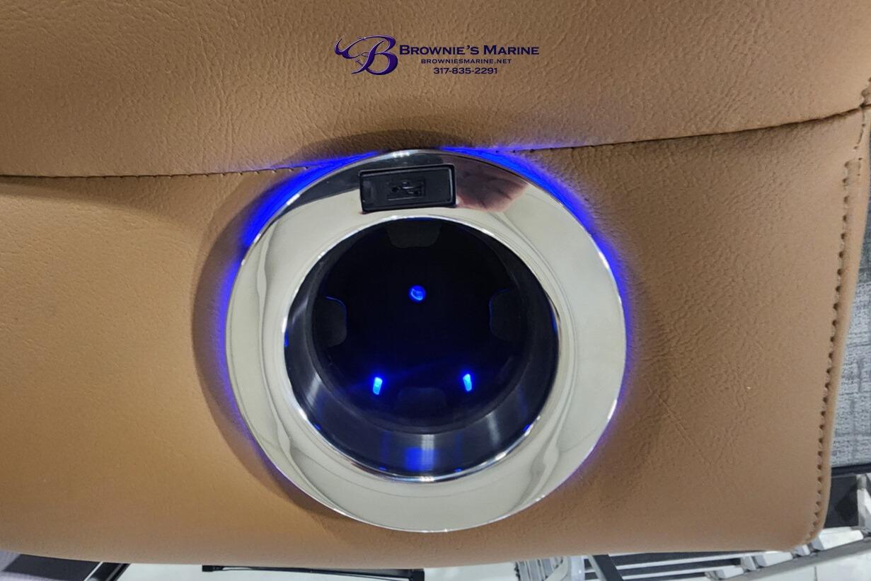 Illuminated cup holder with USB port in 2026 Regency 250 DL boat.