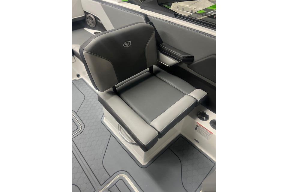 2025 Cobalt CS23 Surf boat seat, black and gray upholstery, modern design.