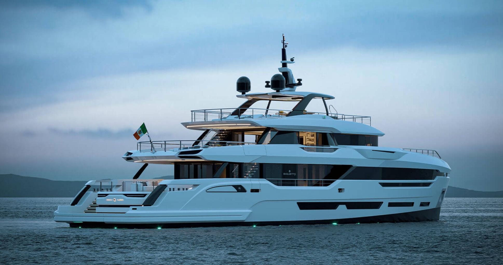 Luxury yacht Baglietto DOM 133, 2023 model, cruising at sunset with elegant design.