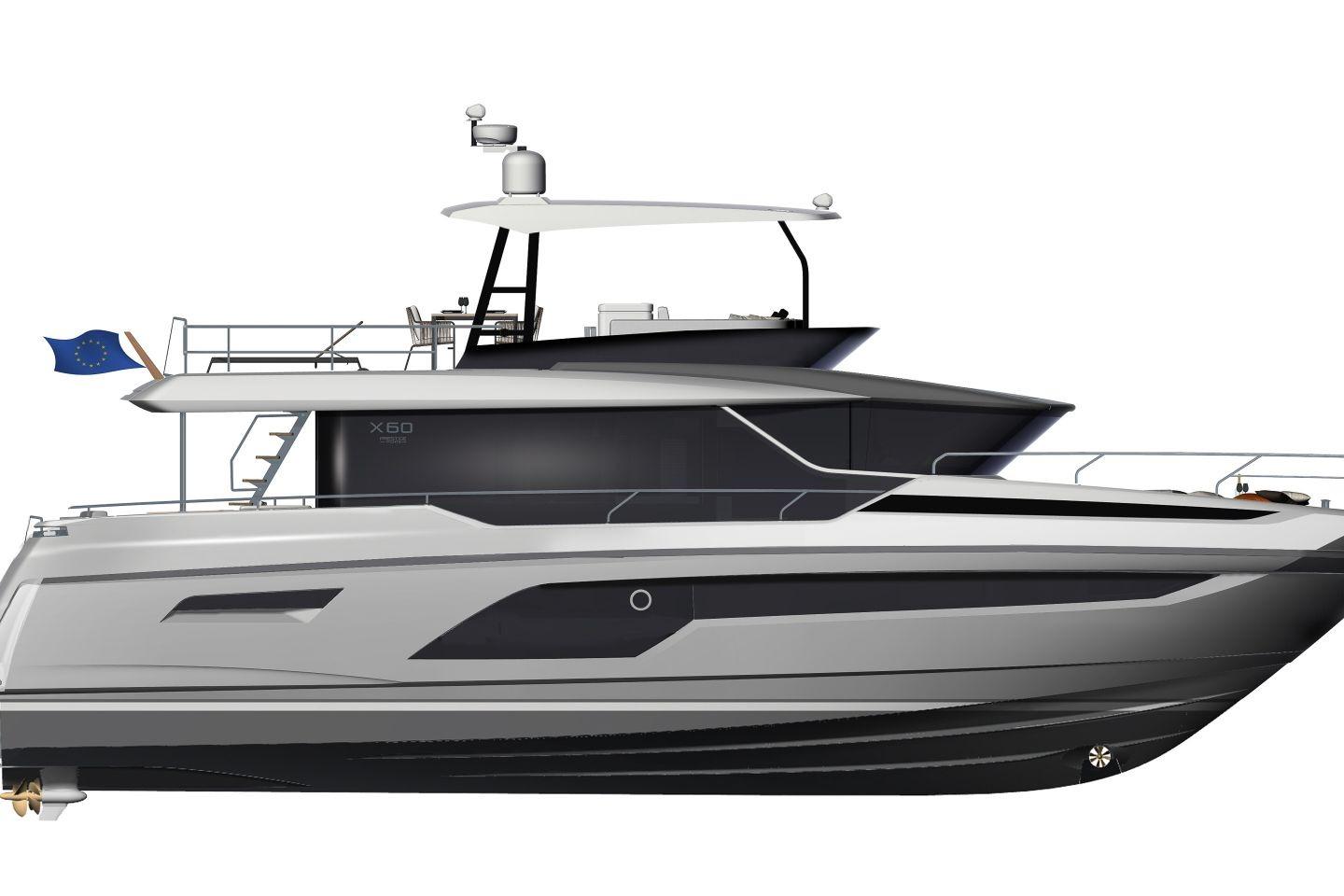 Prestige X60 2026 yacht, sleek design, European flag, side view.