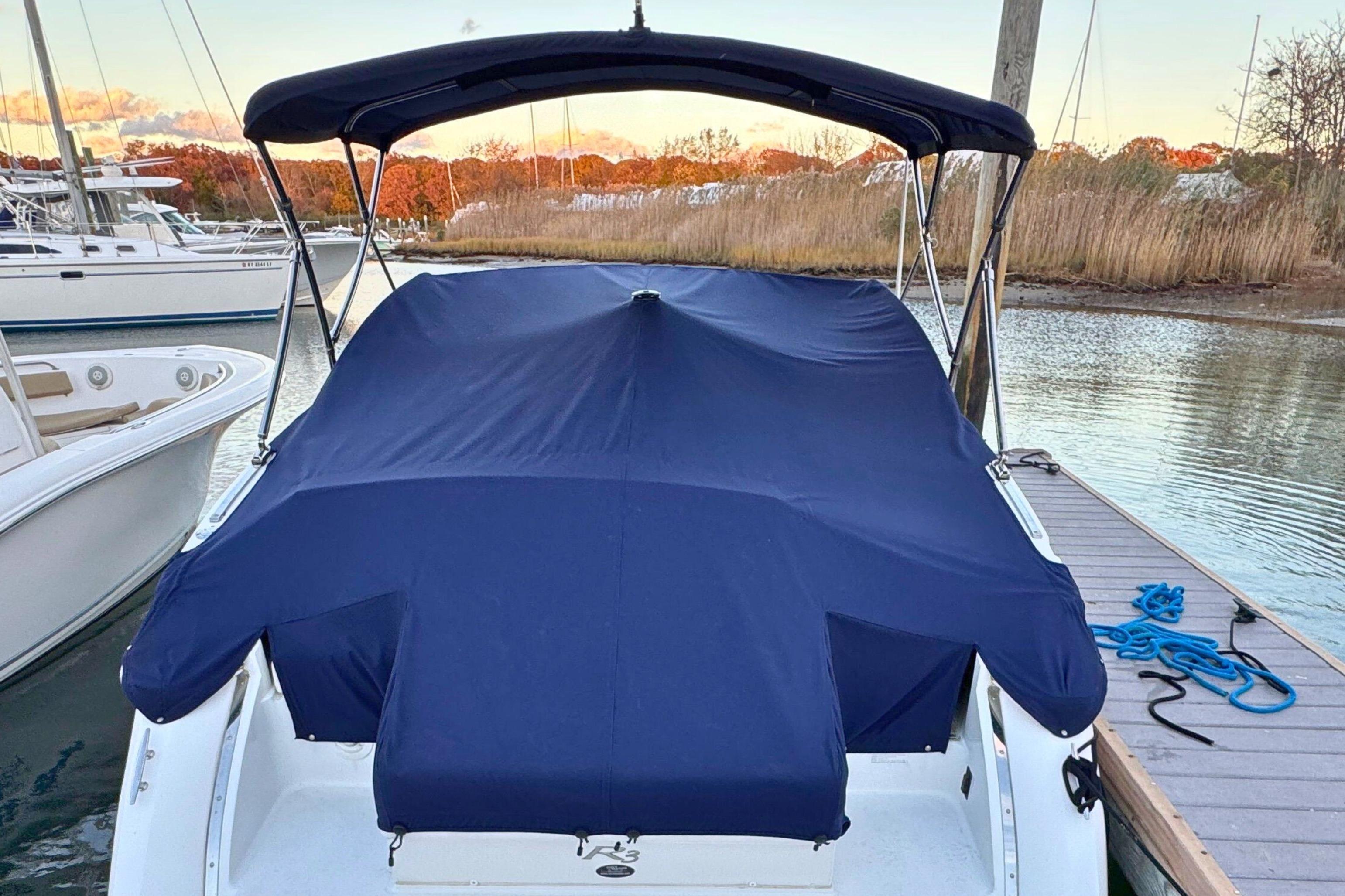 2019 Cobalt R3 boat with blue cover docked by the water.