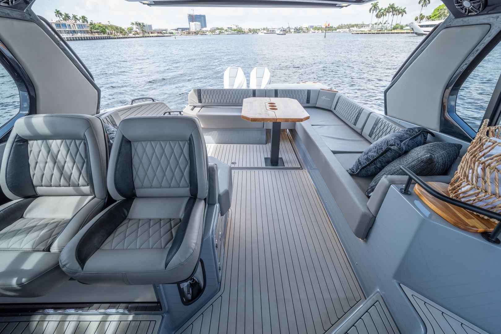Luxurious 2026 Hanover 387 yacht interior with plush seating and elegant design.