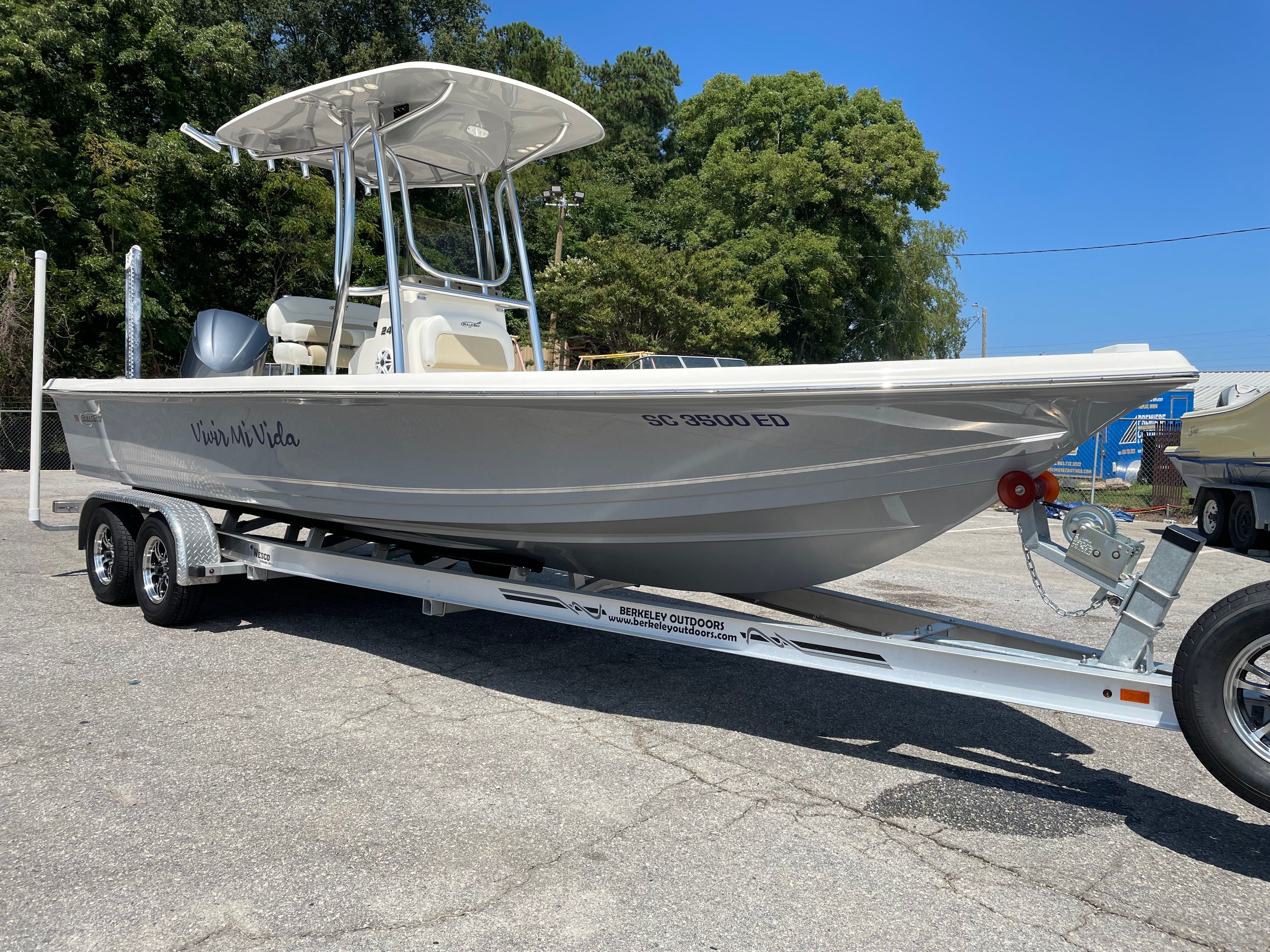 A 2023 Bulls Bay 2400 boat on a trailer, ready for use.