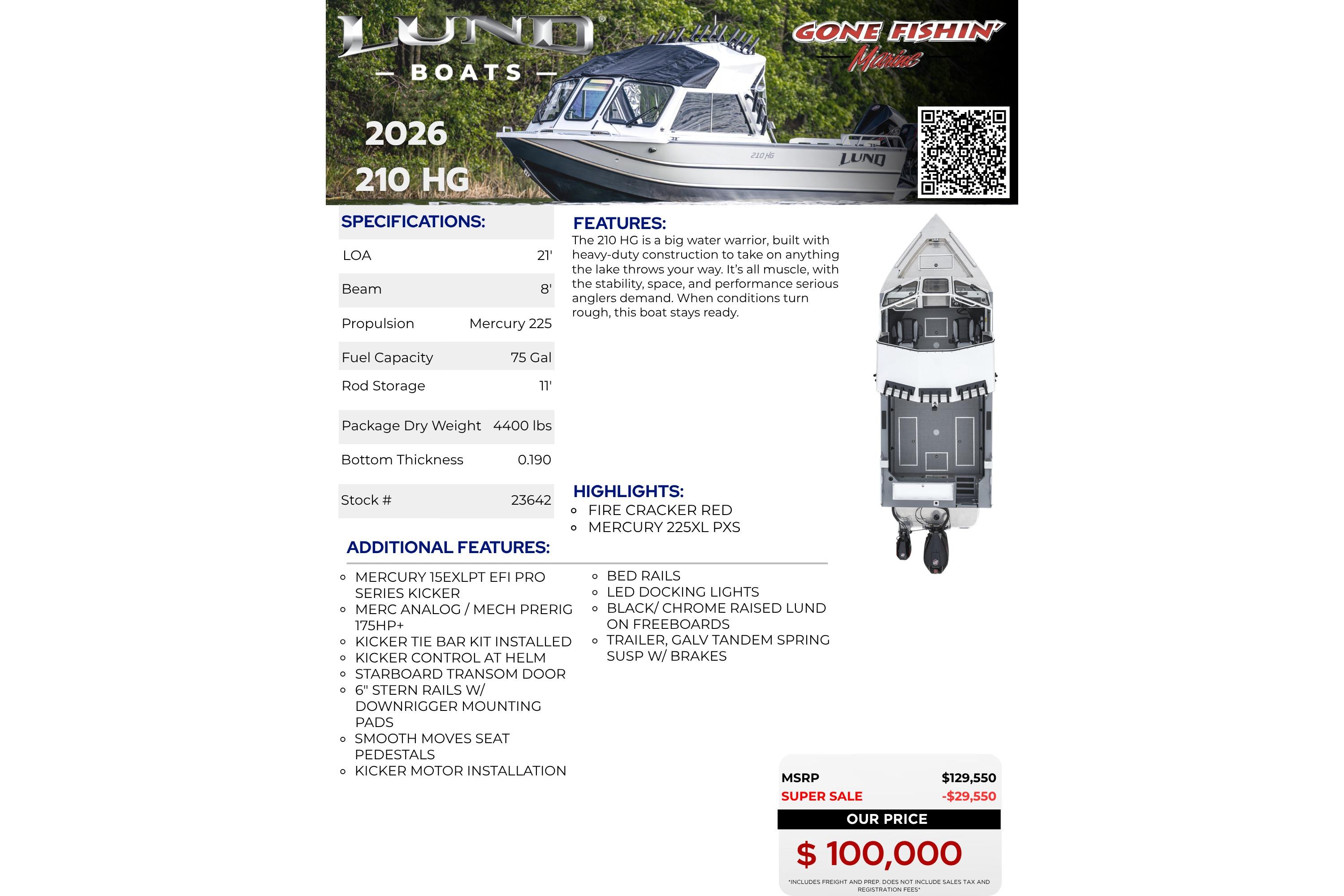 Lund 210 Heavy Gauge 2026 boat brochure with specifications and features, priced at $100,000.