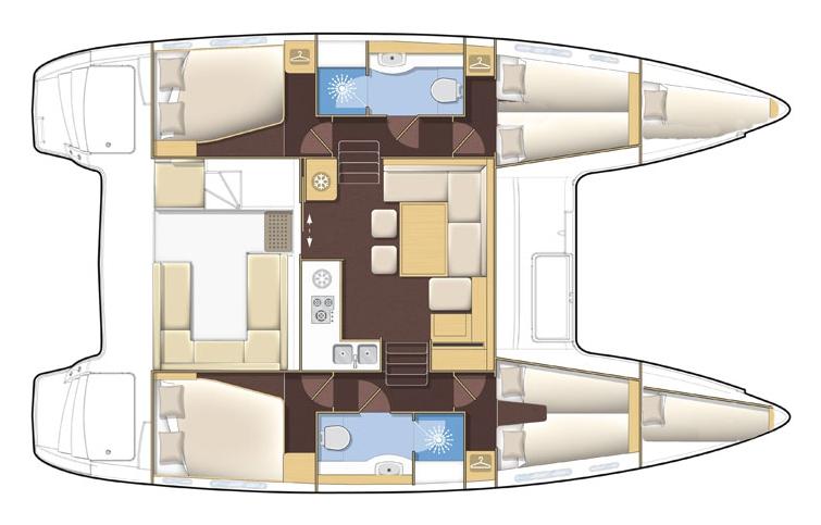 Floor plan of a 2015 Lagoon 400 S2 catamaran, featuring cabins, bathrooms, and living areas.