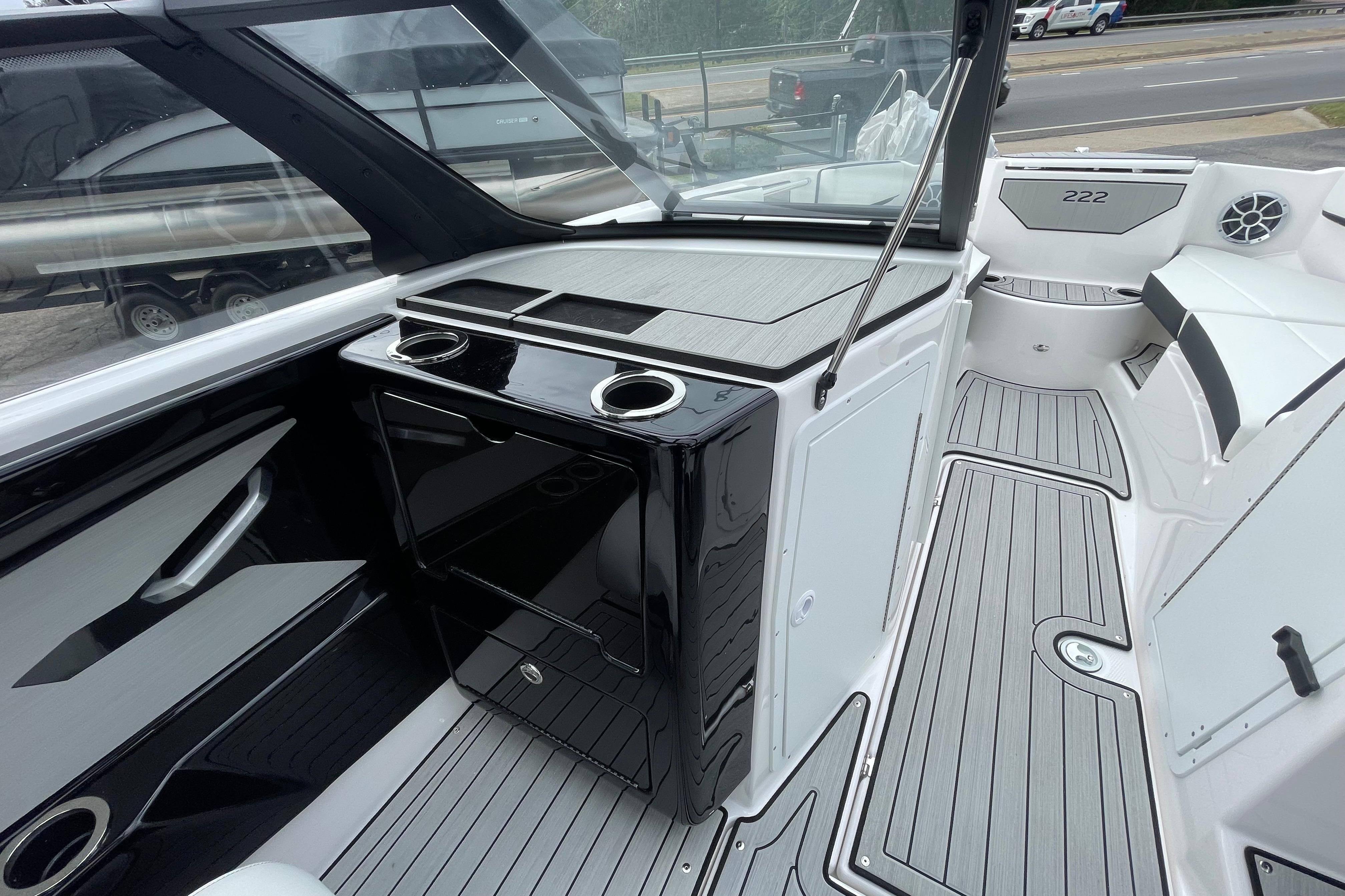 2026 Yamaha Boats 222S interior with sleek design, modern console, and spacious seating.