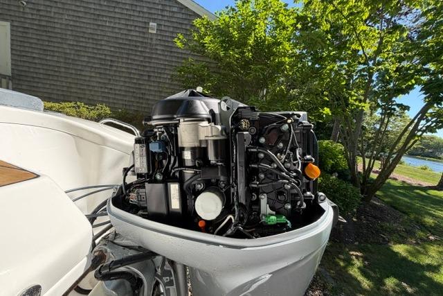 2016 Walker Bay Generation 450 DLX boat engine, outdoor setting with trees and house.