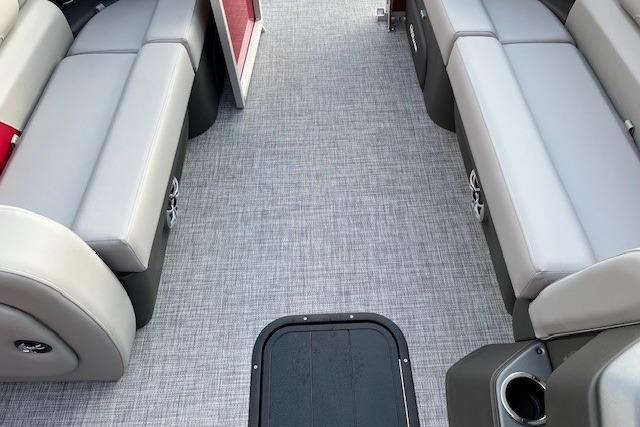2026 Sun Tracker Party Barge 22 RF XP3 interior with gray seating and flooring.