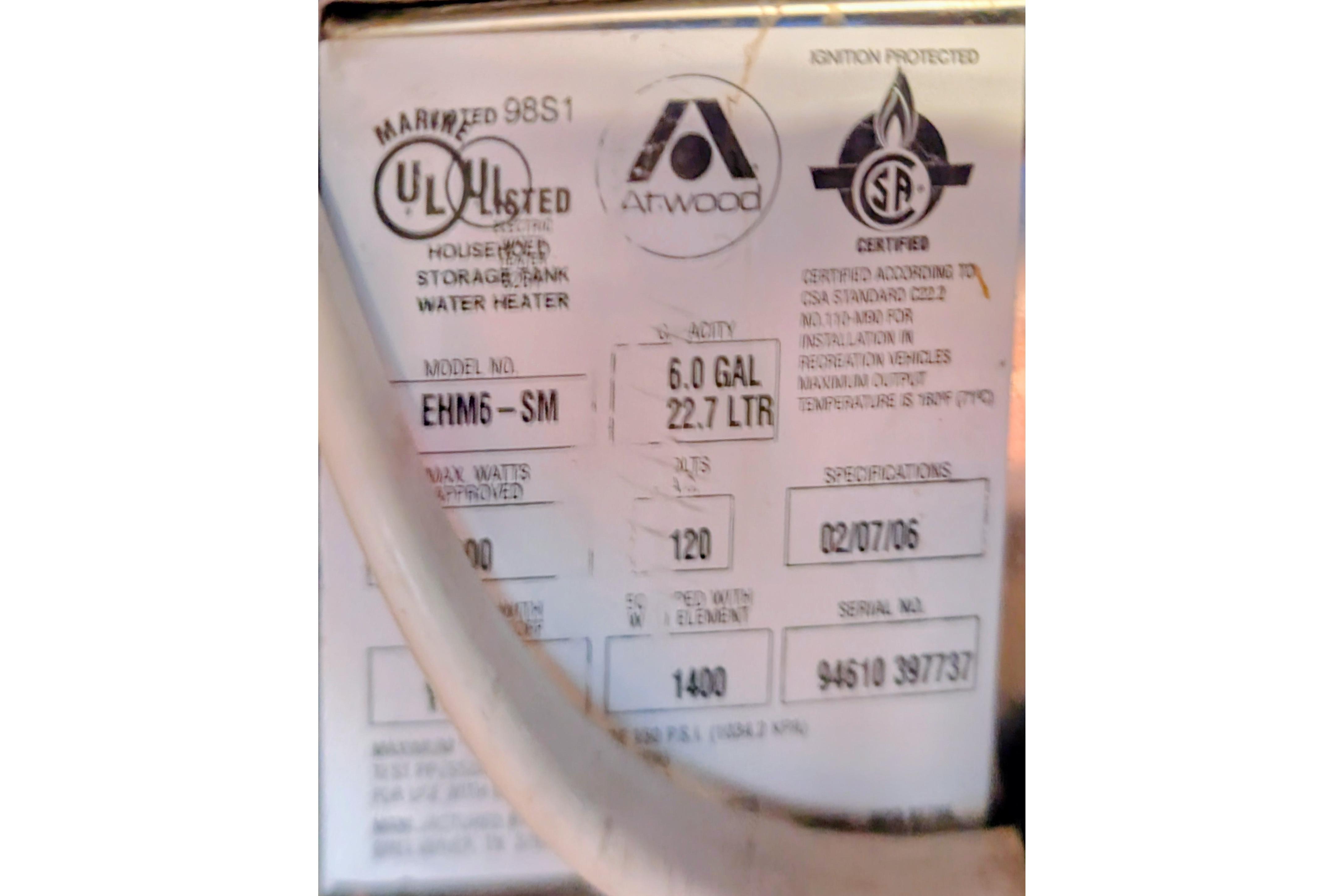 Label on Atwood water heater, model EHM6-SM, 6-gallon capacity, UL listed, for recreational vehicles.