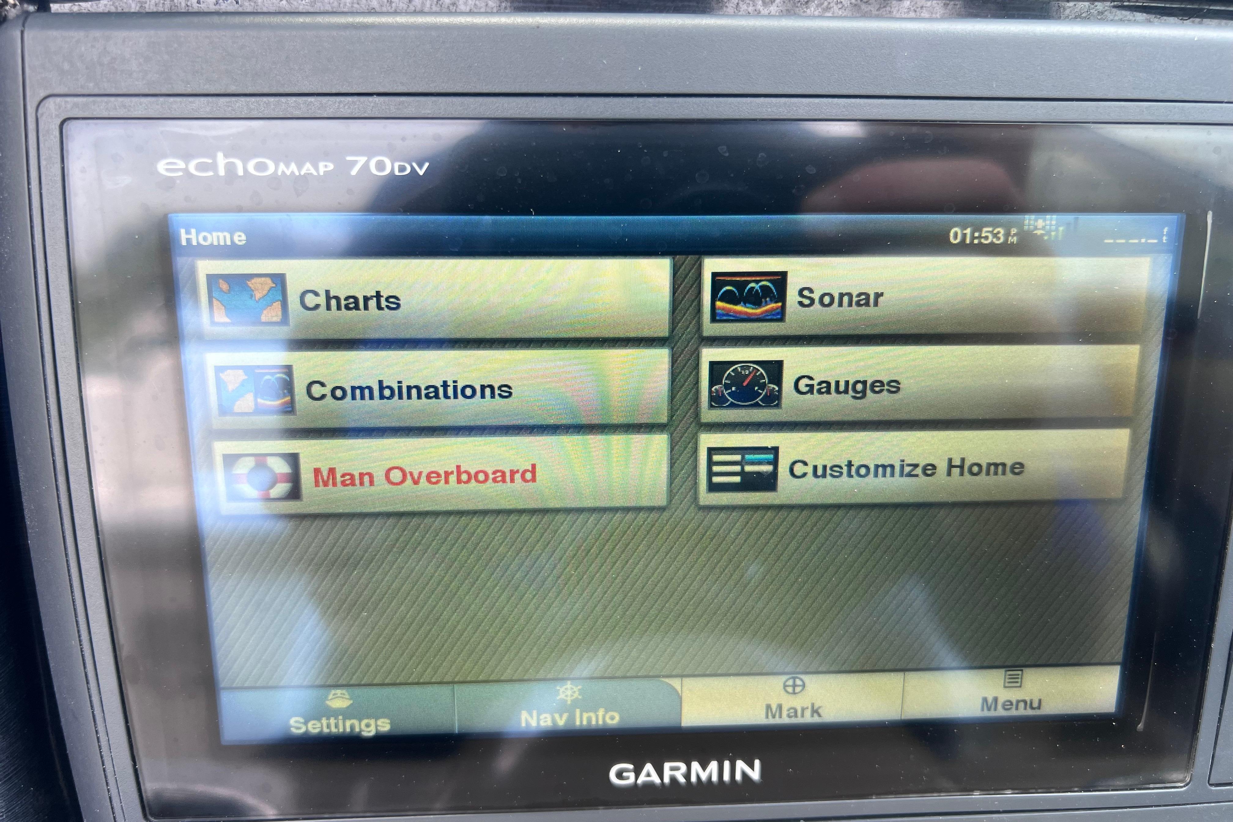 Garmin echoMAP 70Dv display on 2015 SouthWind 2400 SD, showing navigation and safety options.
