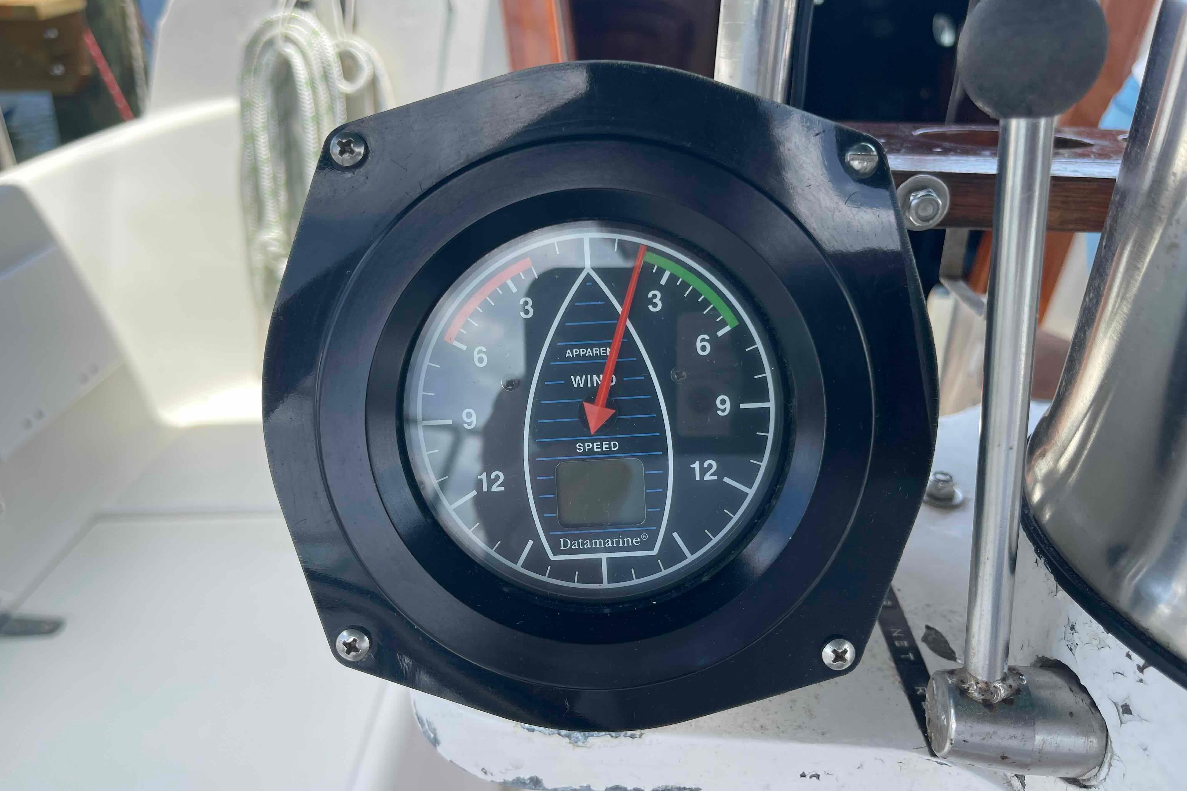 Close-up of a Datamarine wind speed gauge on a 1987 Pacific Seacraft 34 sailboat.