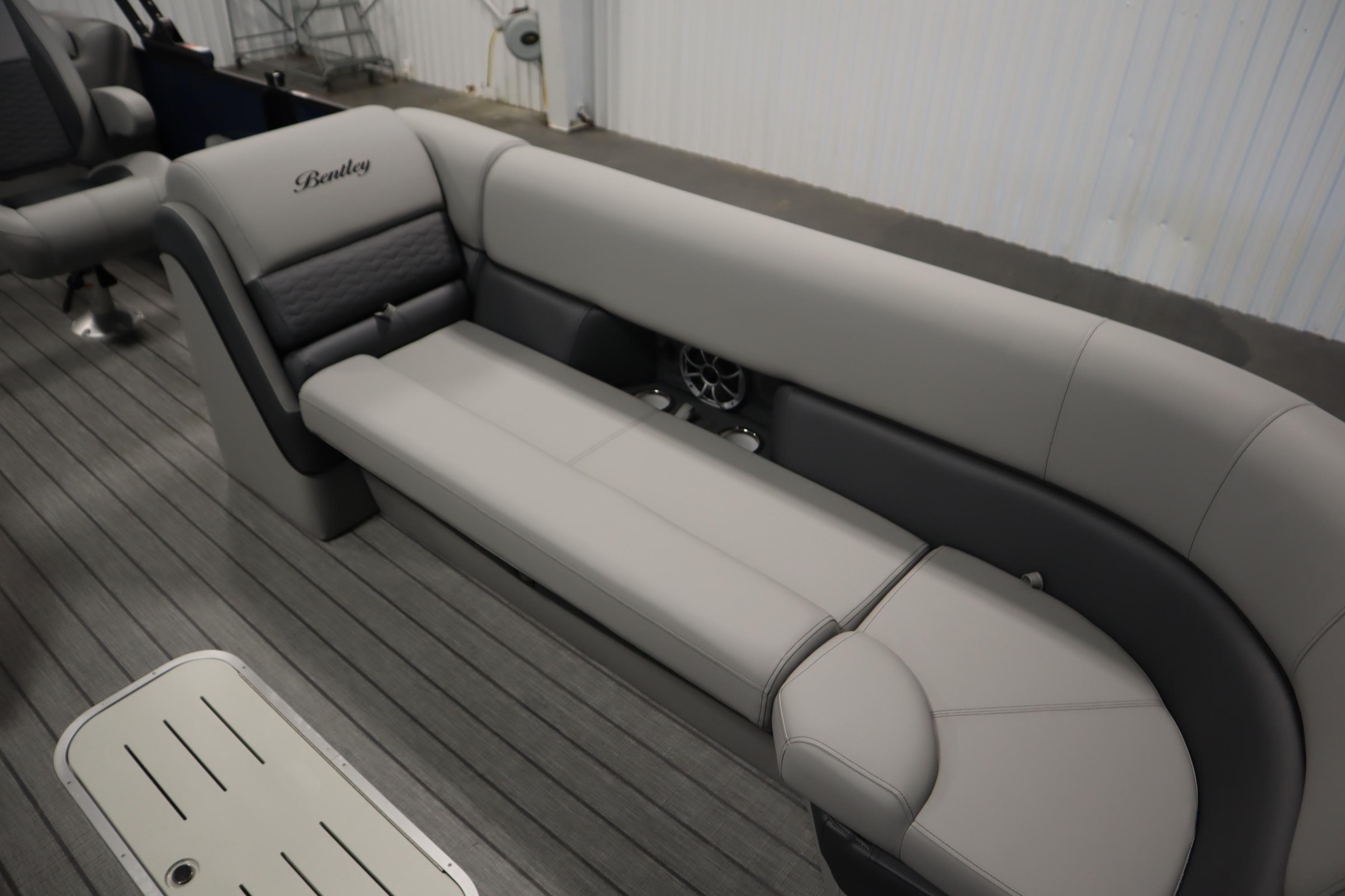 2025 Bentley Pontoons Elite 253 Admiral Tri-toon interior seating, featuring luxurious gray upholstery.