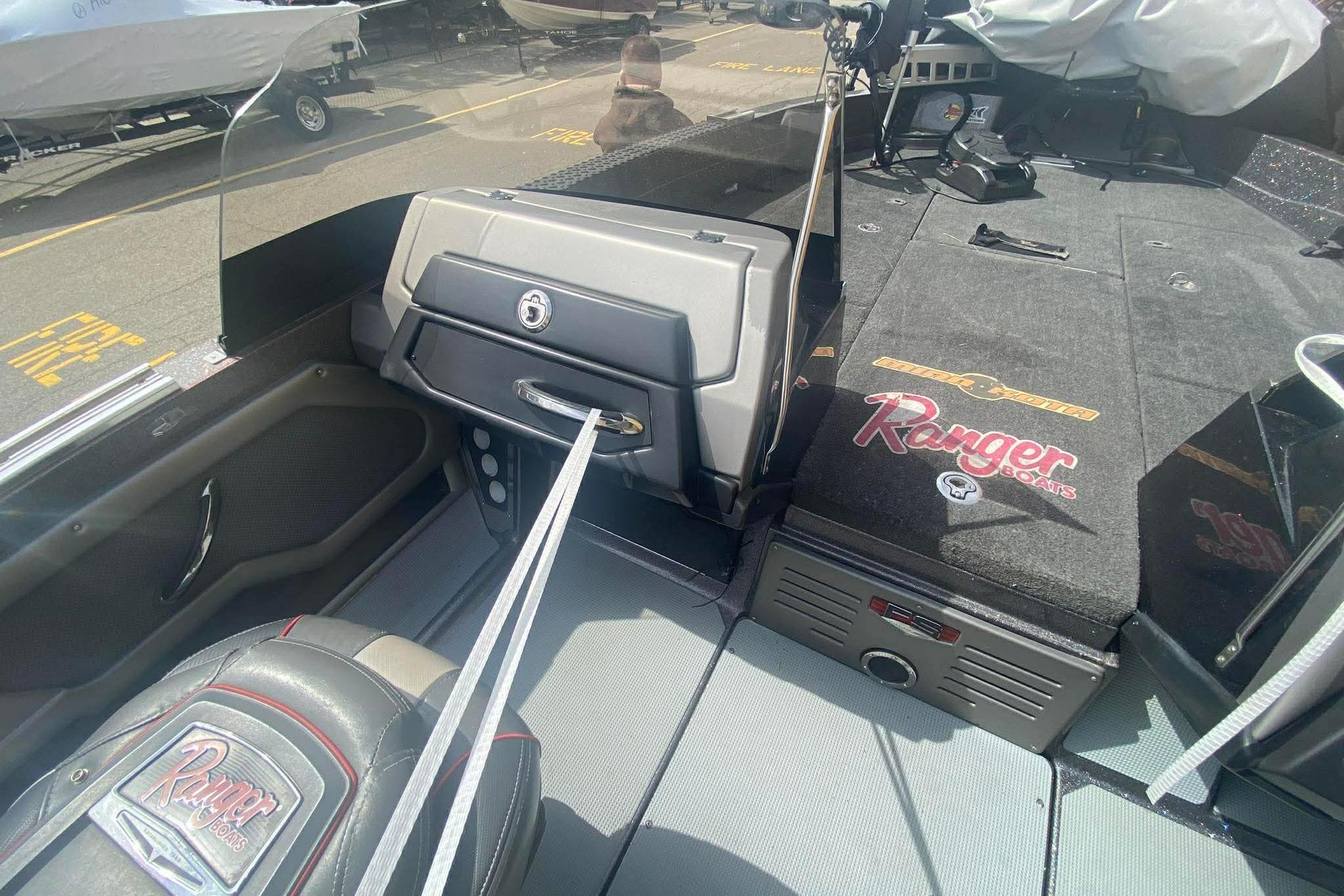 2017 Ranger 621FS Fisherman boat interior with branded seating and storage compartments.