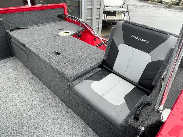 2021 Crestliner 1650 Fish Hawk SC interior with gray seating and storage.