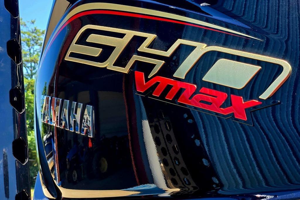 Close-up of Yamaha SHO VMAX logo on a 2026 Skeeter ZXE20 boat.