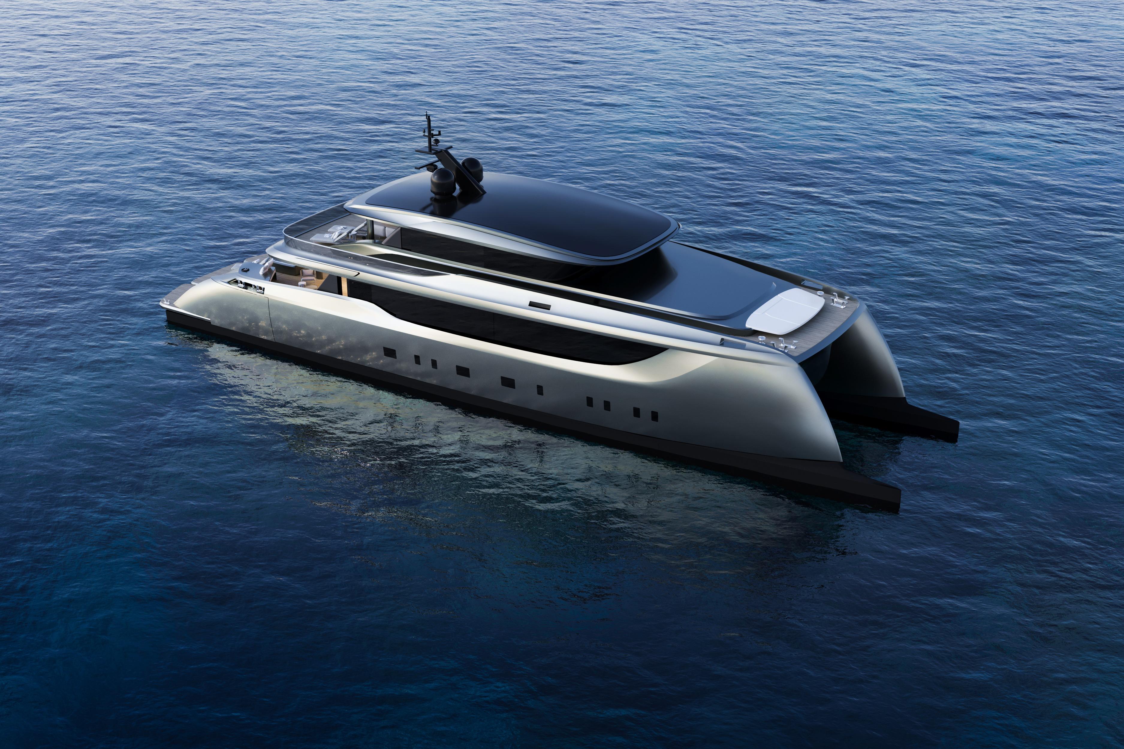 Luxury Sunreef 40M Explorer Eco yacht, 2026 model, cruising on serene blue waters.