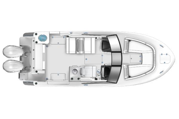 Manufacturer Provided Image: 2025 Robalo R257 Dual Console boat layout, top view, featuring dual engines and spacious seating.