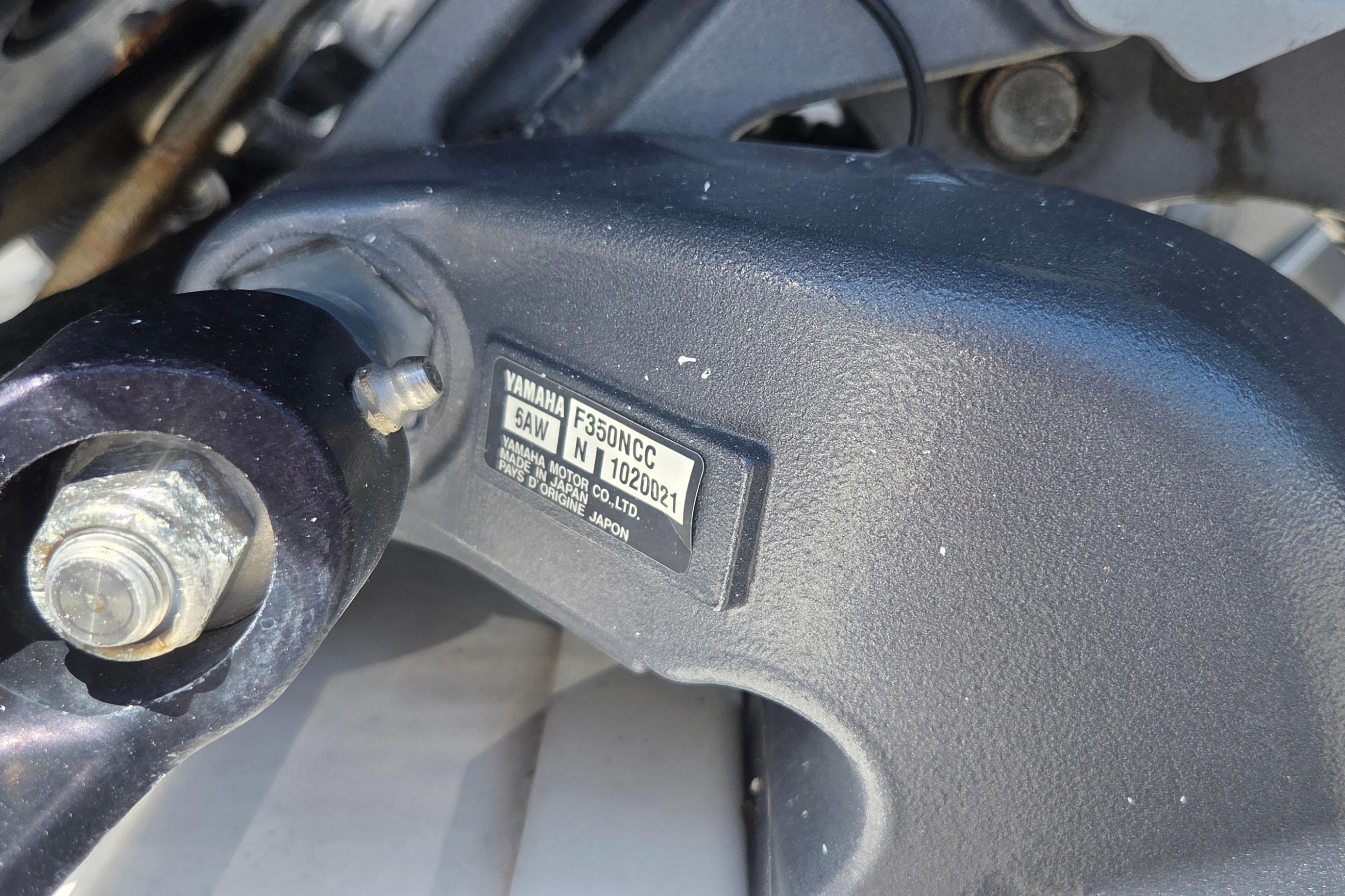 Close-up of Yamaha F350NCC engine part on 2021 Sea Fox 328 Commander boat.