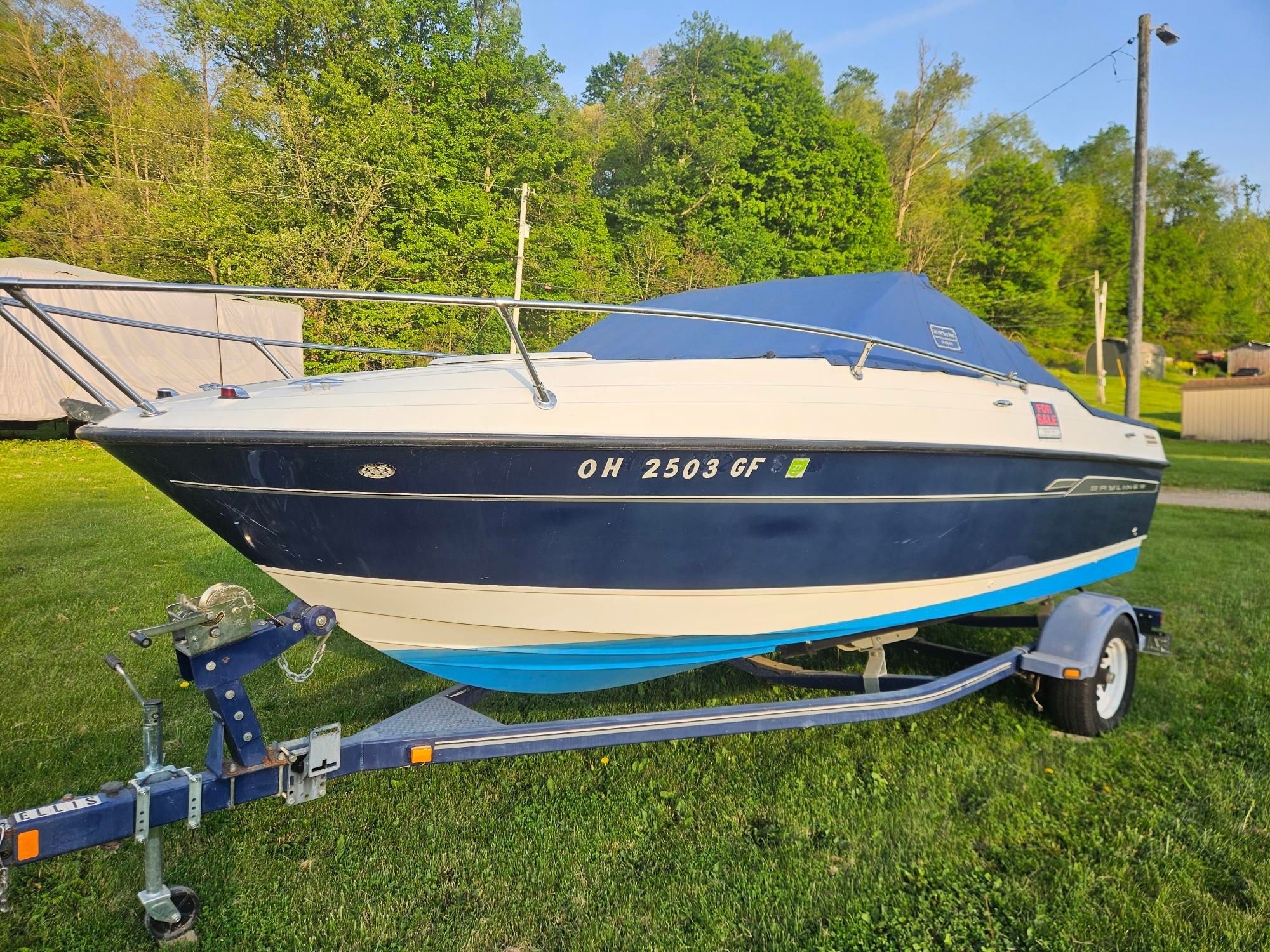 2006 Bayliner Cuddy Cab on trailer in grassy area.