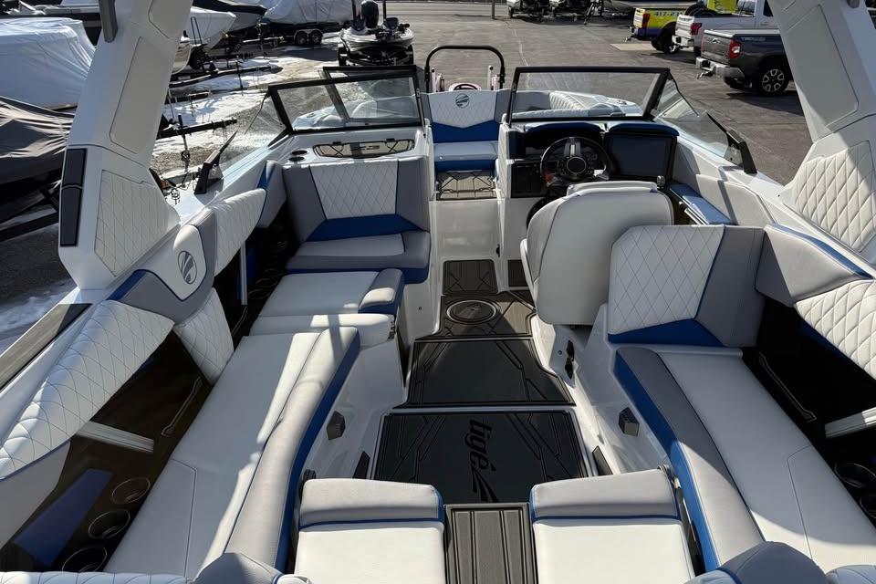 2026 Tigé Z3 boat interior with luxurious seating and modern dashboard design.