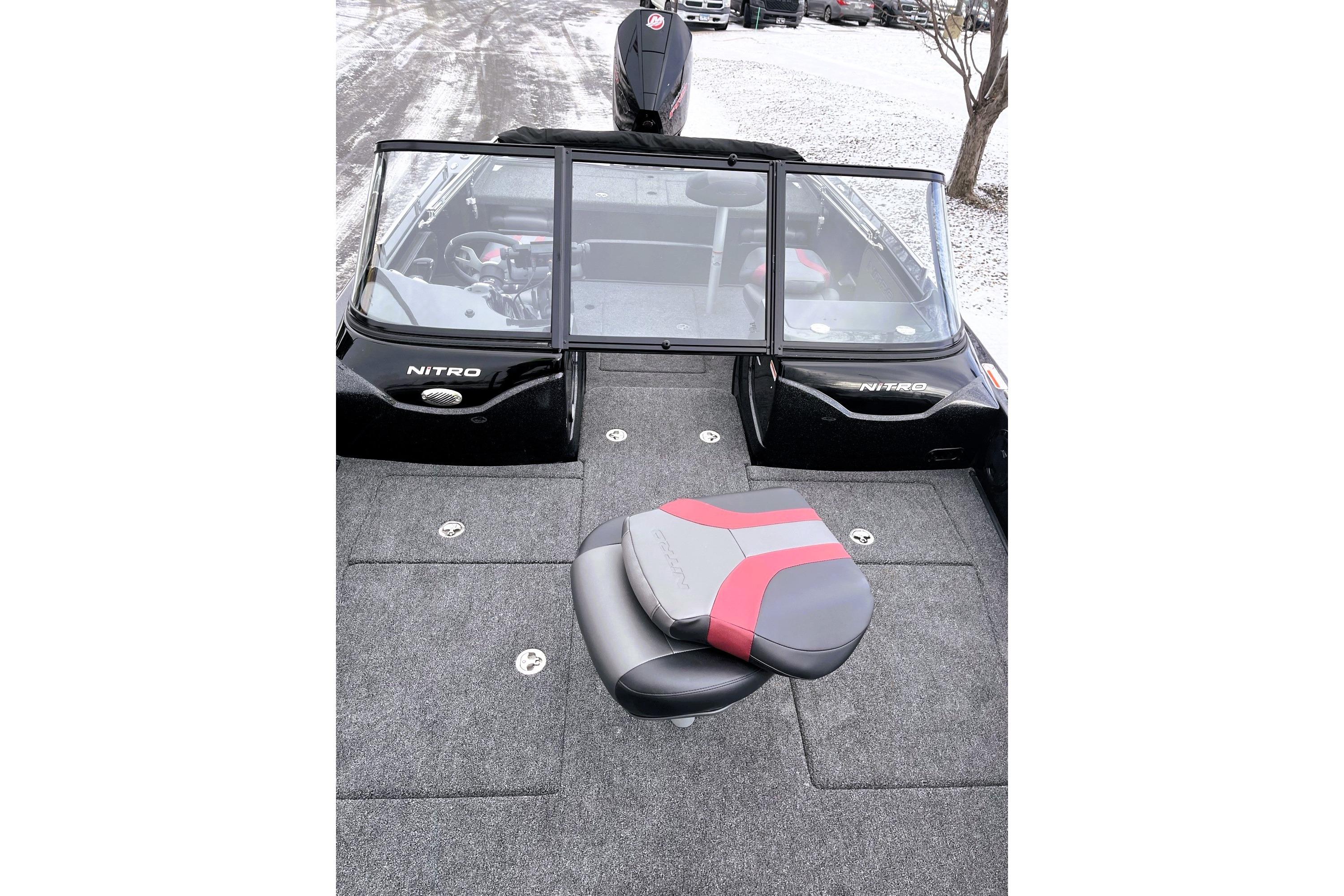 2026 Nitro ZV19 Sport Pro boat interior with seating and windshield.
