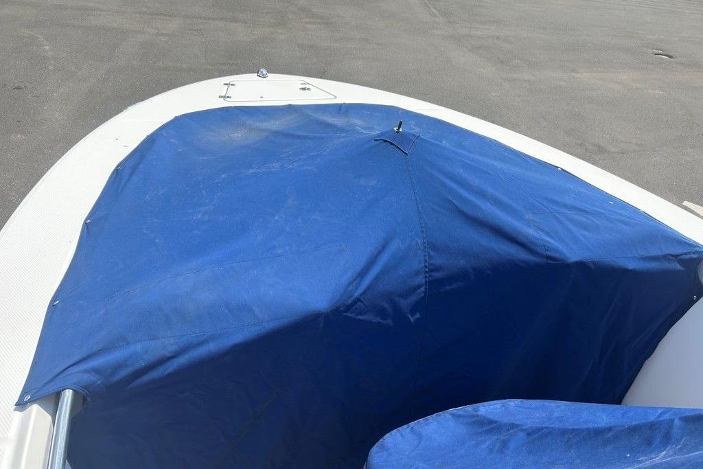 2017 Robalo R200ES boat with blue cover on deck.