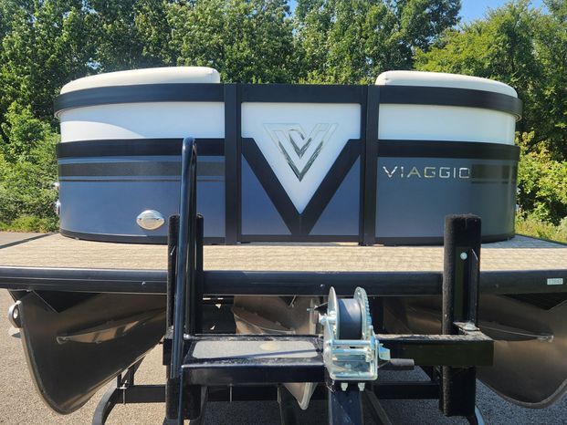 2023 Viaggio Diamante 26U Platinum pontoon boat on trailer.