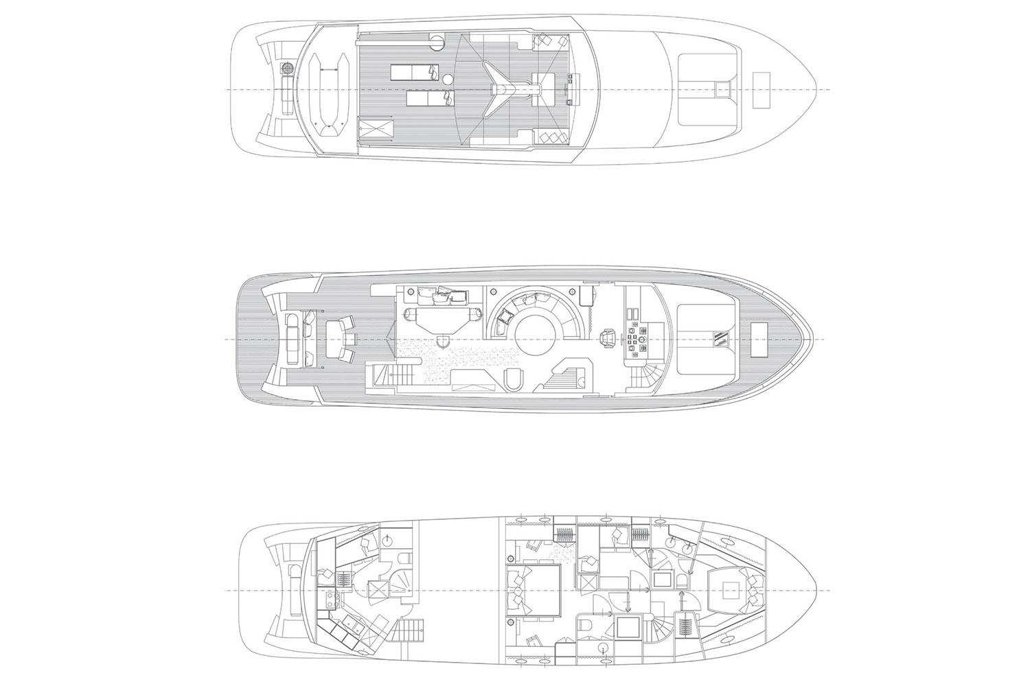 Blueprint of 1989 Custom Moonen 70 yacht, showcasing detailed deck layouts.