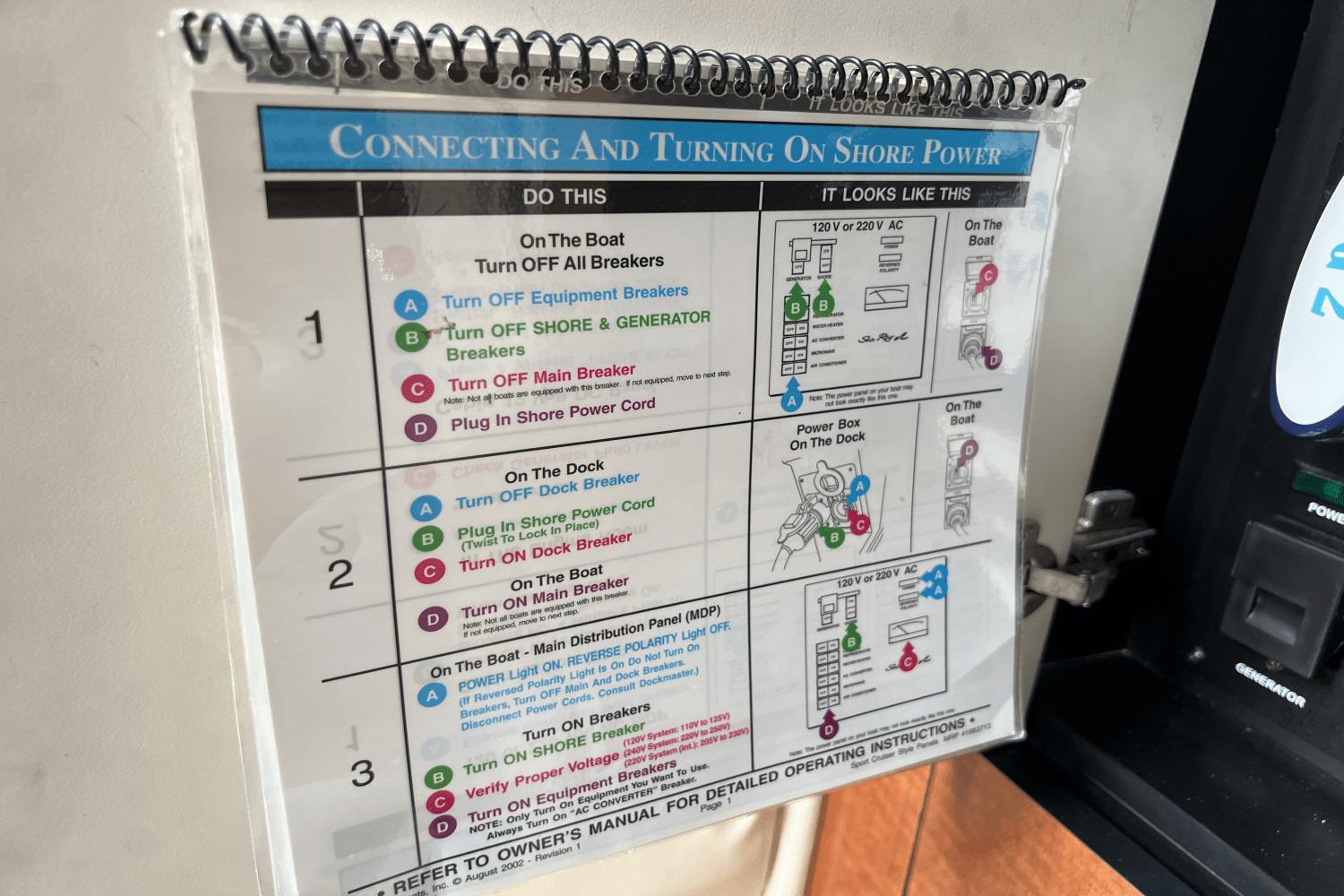 Instruction guide for connecting shore power on a 2005 Sea Ray 340 Sundancer boat.