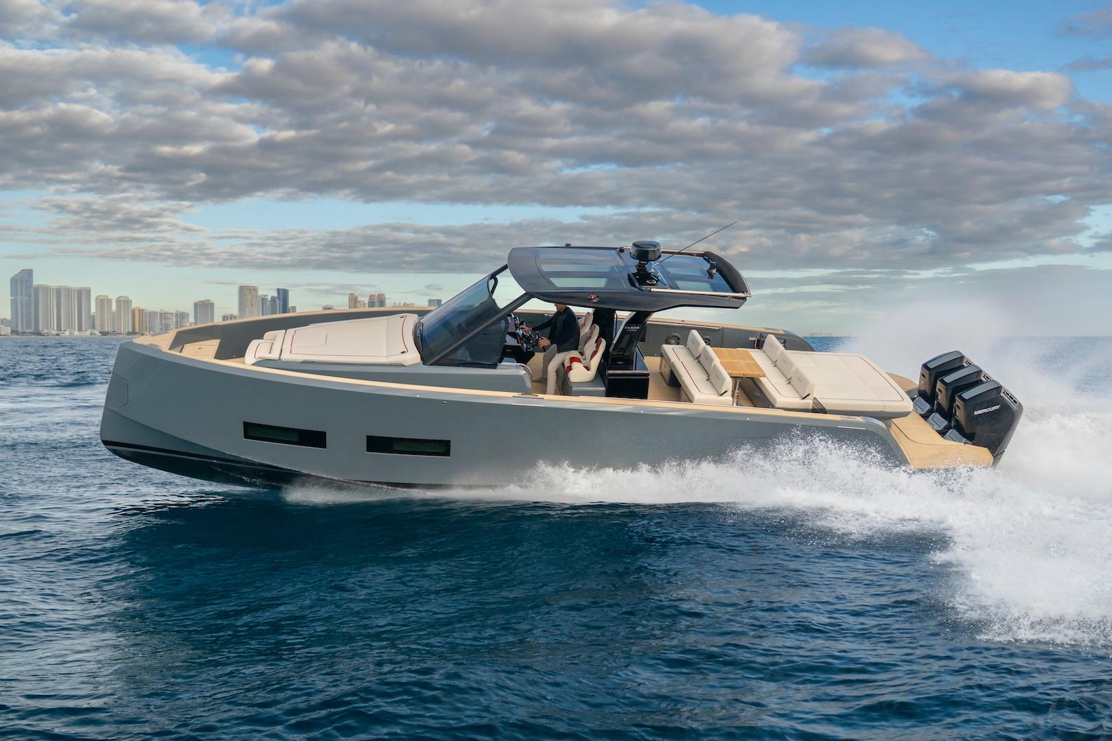2026 Pardo Yachts P43R cruising on open water under a partly cloudy sky.
