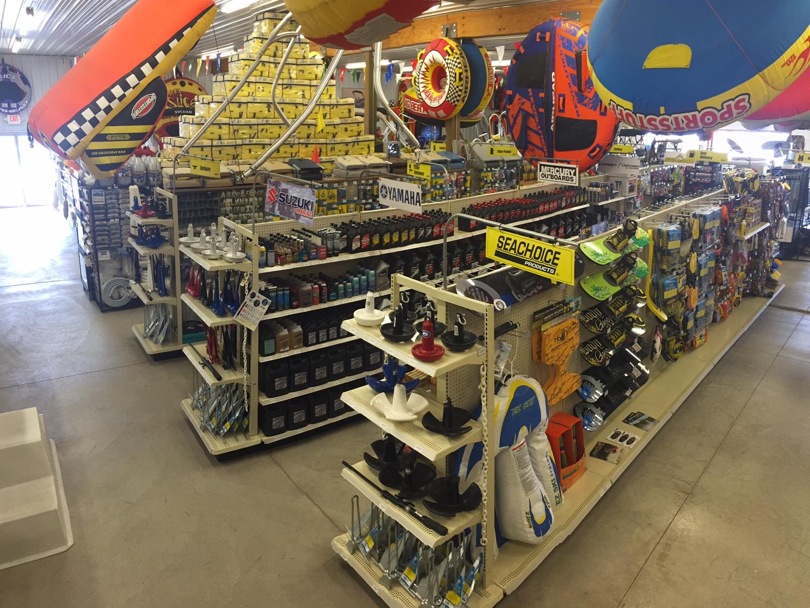 Boat supply store with various marine accessories and equipment on display.