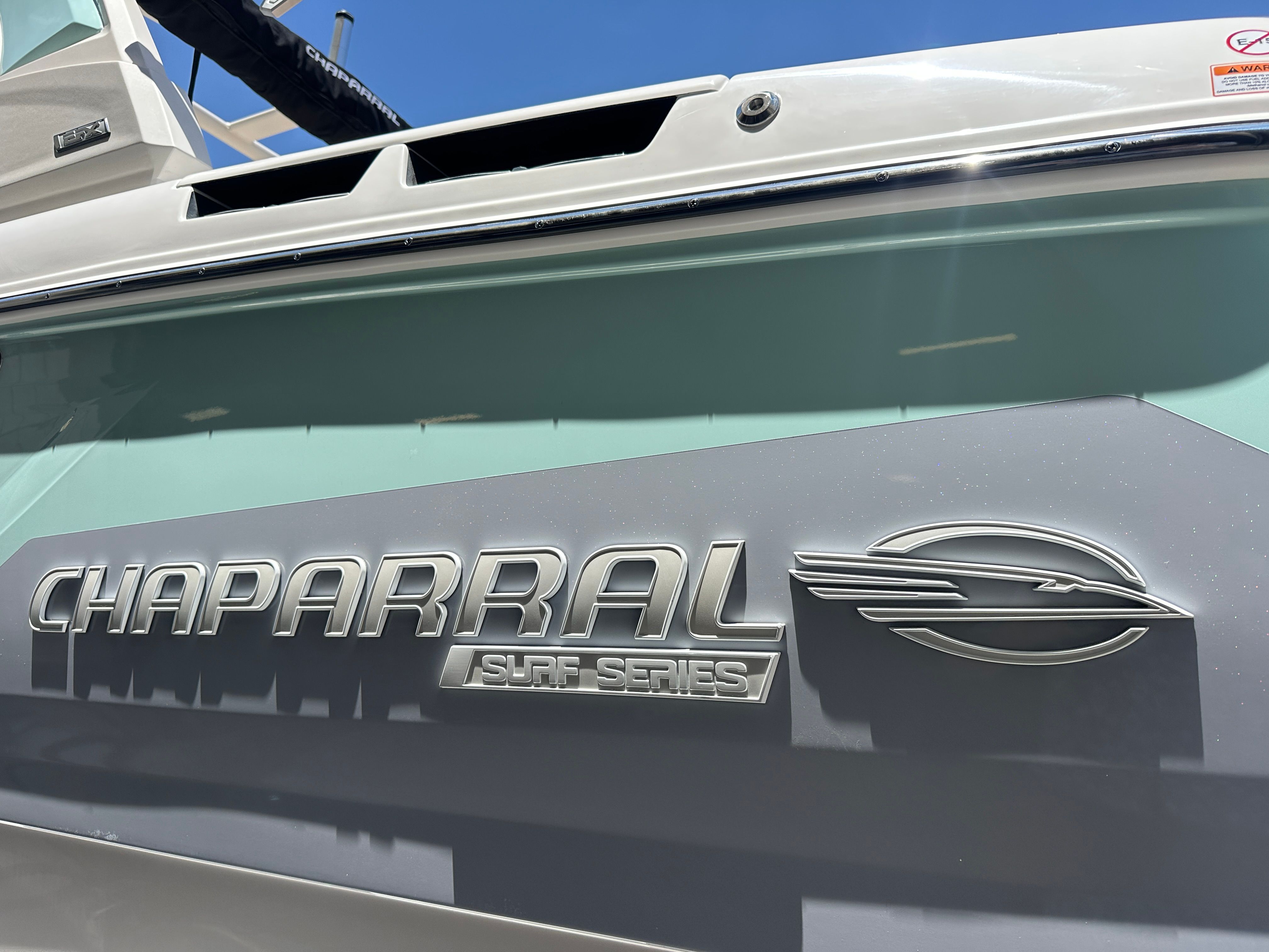 Close-up of the Chaparral 26 Surf with a sleek logo and modern design.