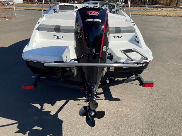 2025 Tahoe T18 boat with Mercury 115 outboard motor, rear view.