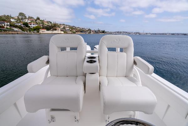 Luxurious seating on a 2025 Regulator 28 boat.