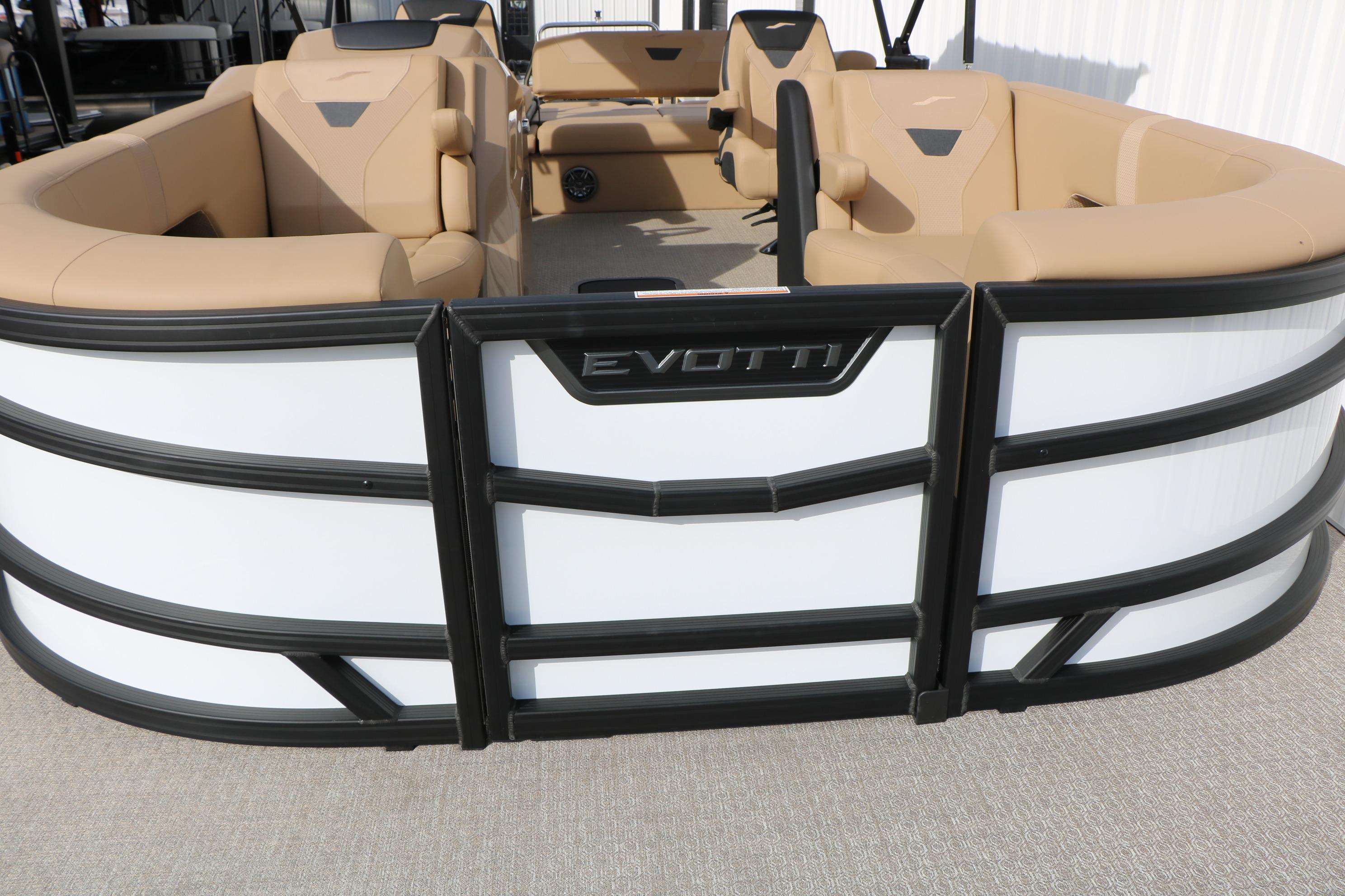 2026 Evotti 523CS pontoon boat with beige seating and sleek design.
